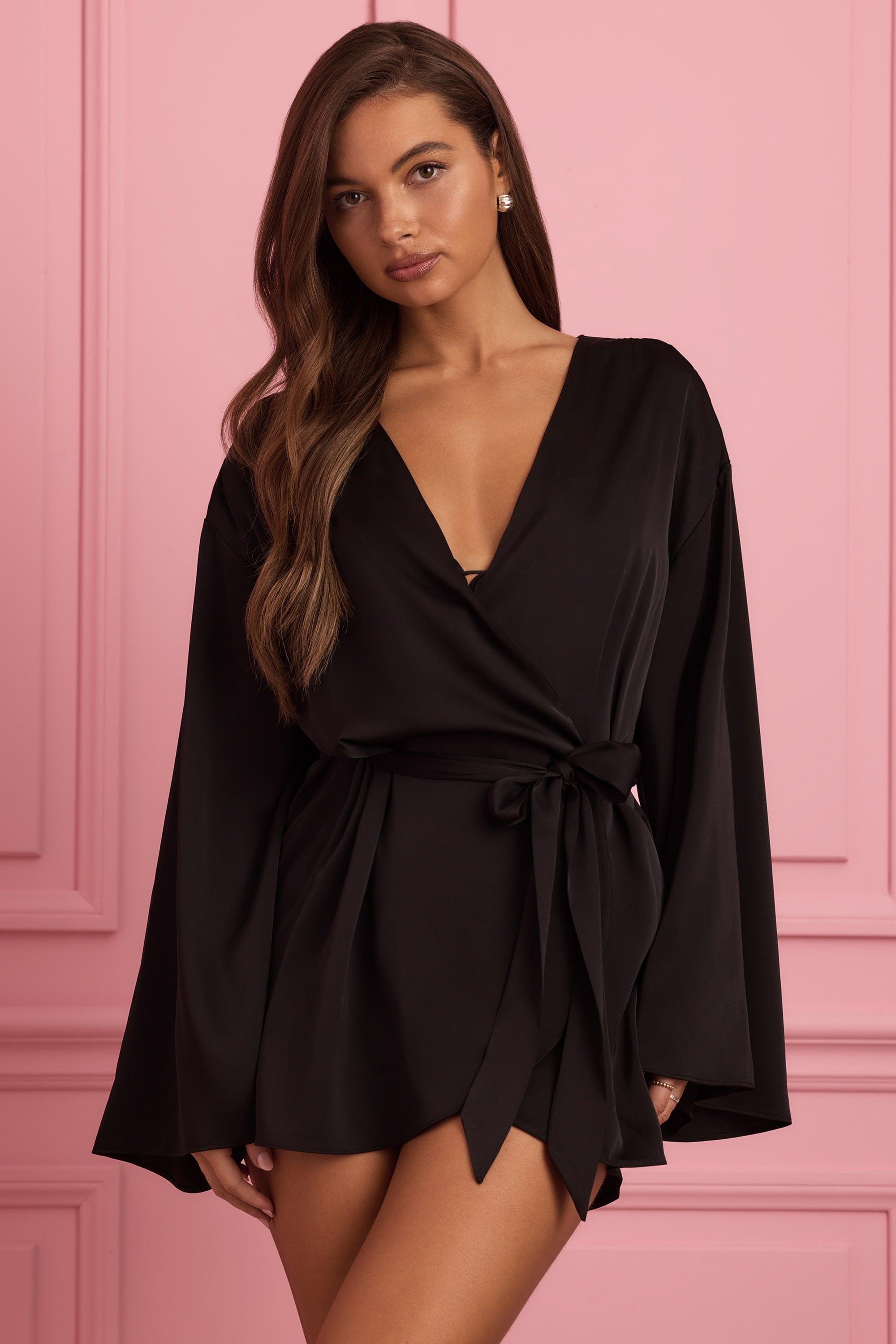 Reina Embellished Wrap-Over Robe in Black