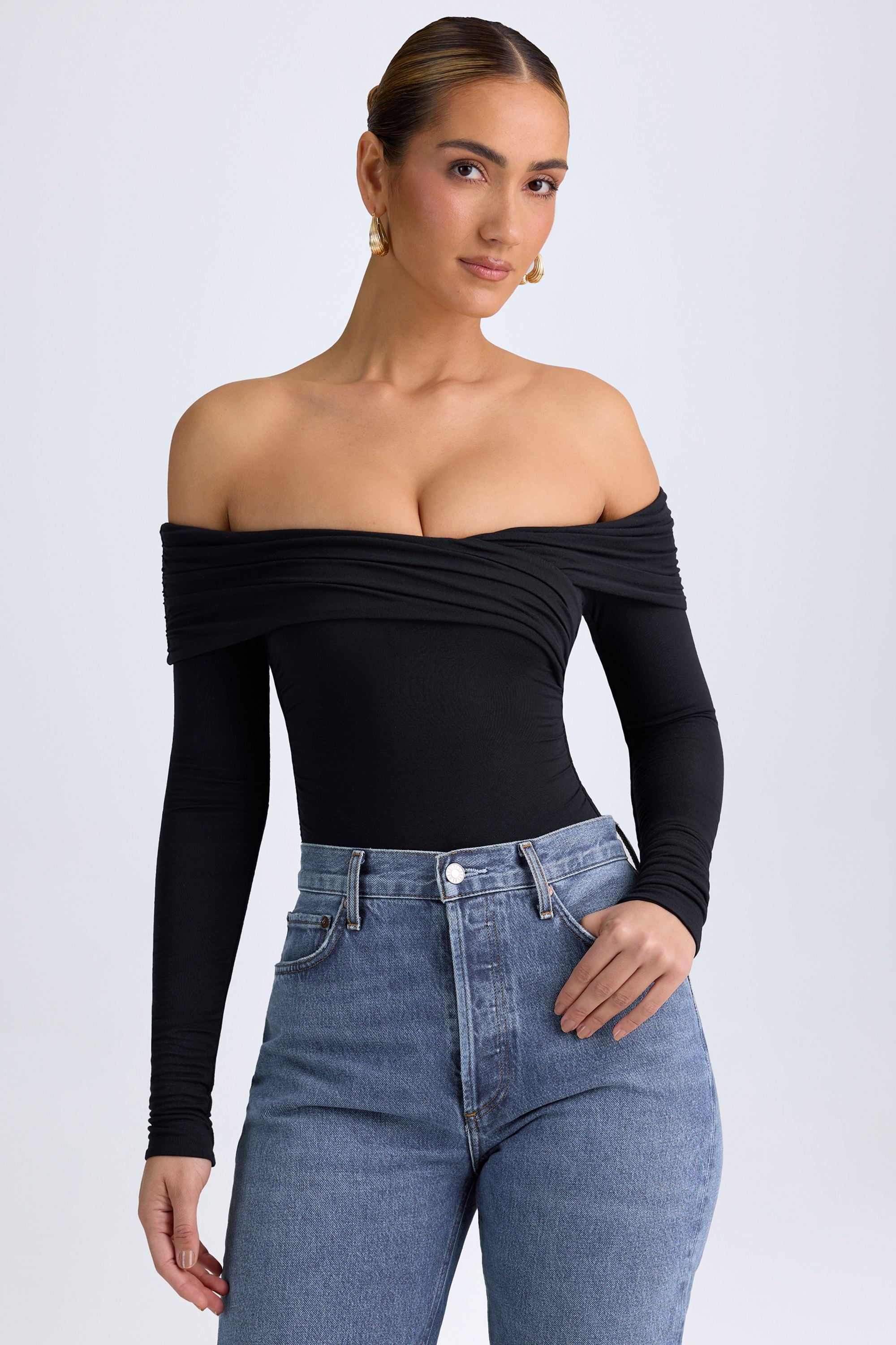 Ceyln Modal Off-Shoulder Ruched Bodysuit in Black