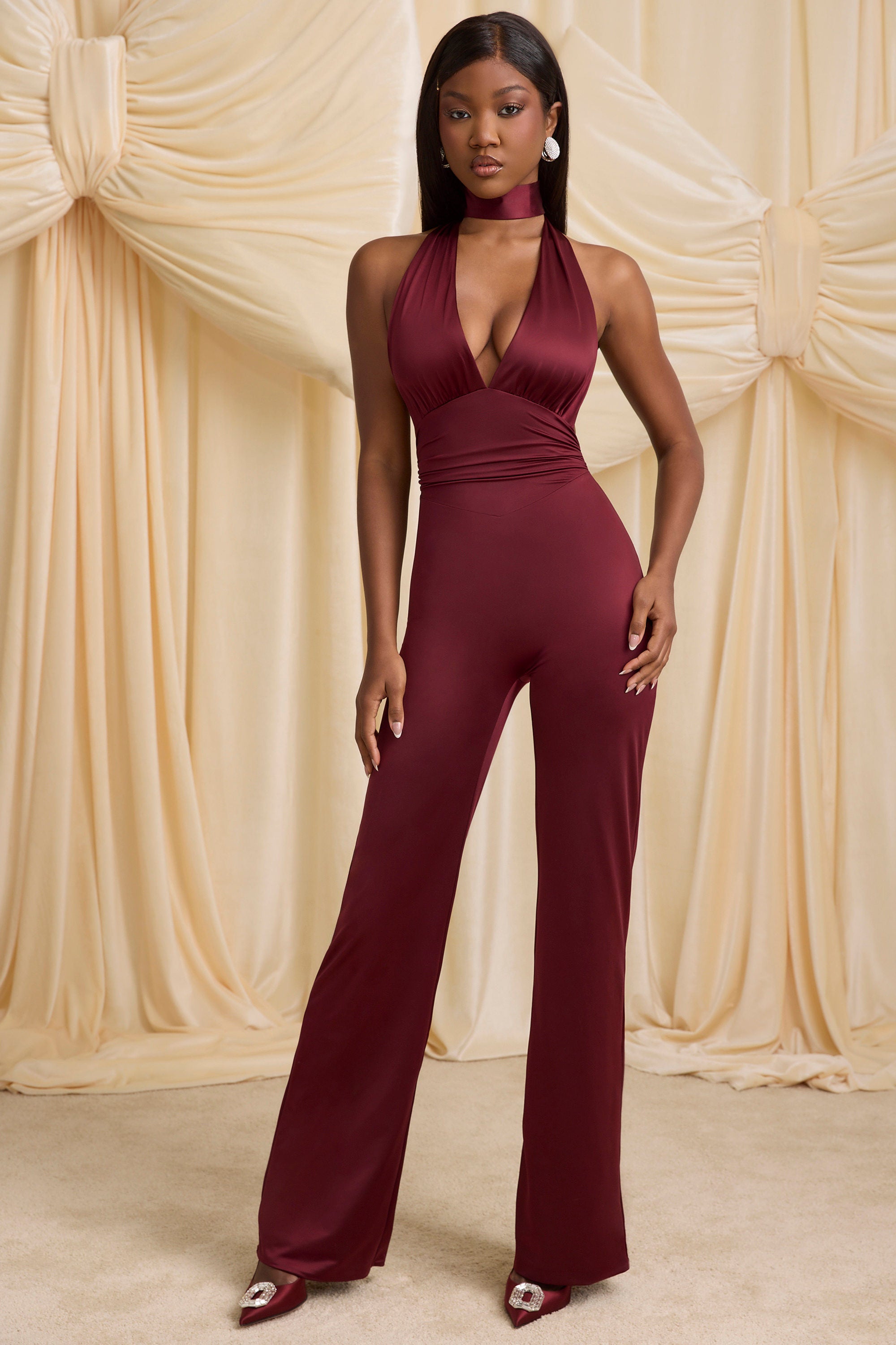 Vivianne Scarf-Detail Halterneck Jumpsuit in Wine Red