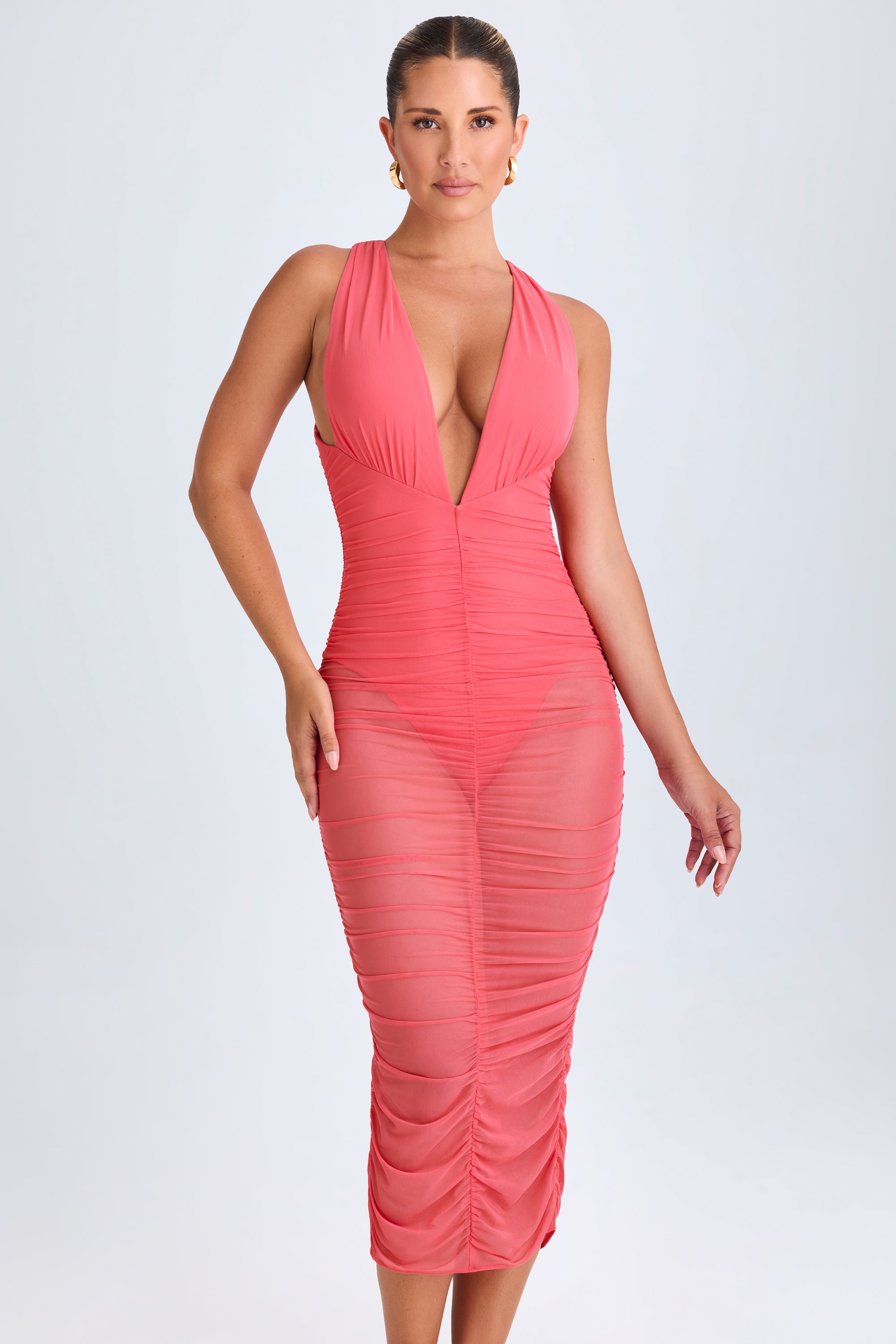 Safira Ruched Plunge Midaxi Dress in Coral