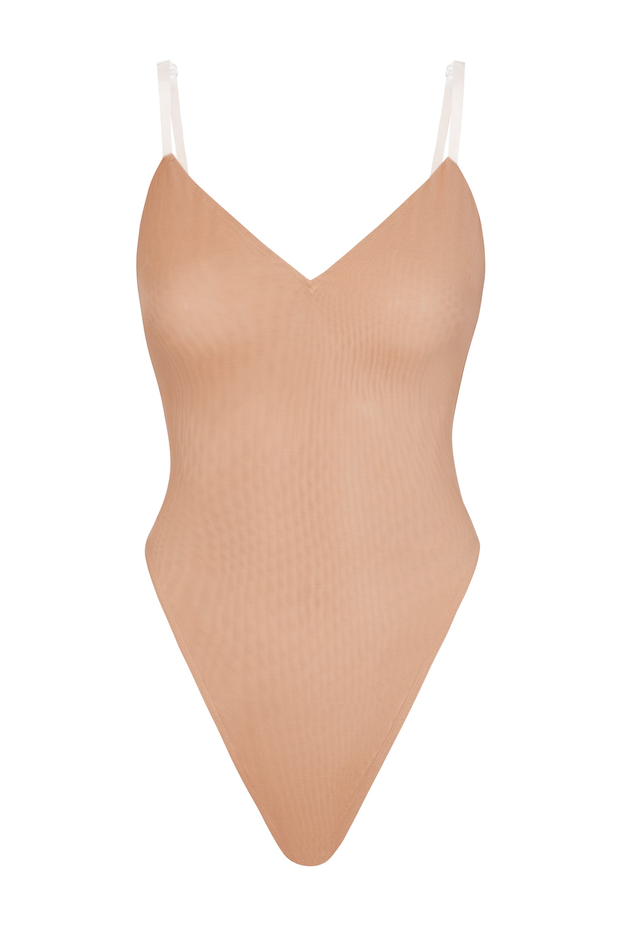 Intimates Soft Mesh V-Neck Bodysuit in Warm Peach