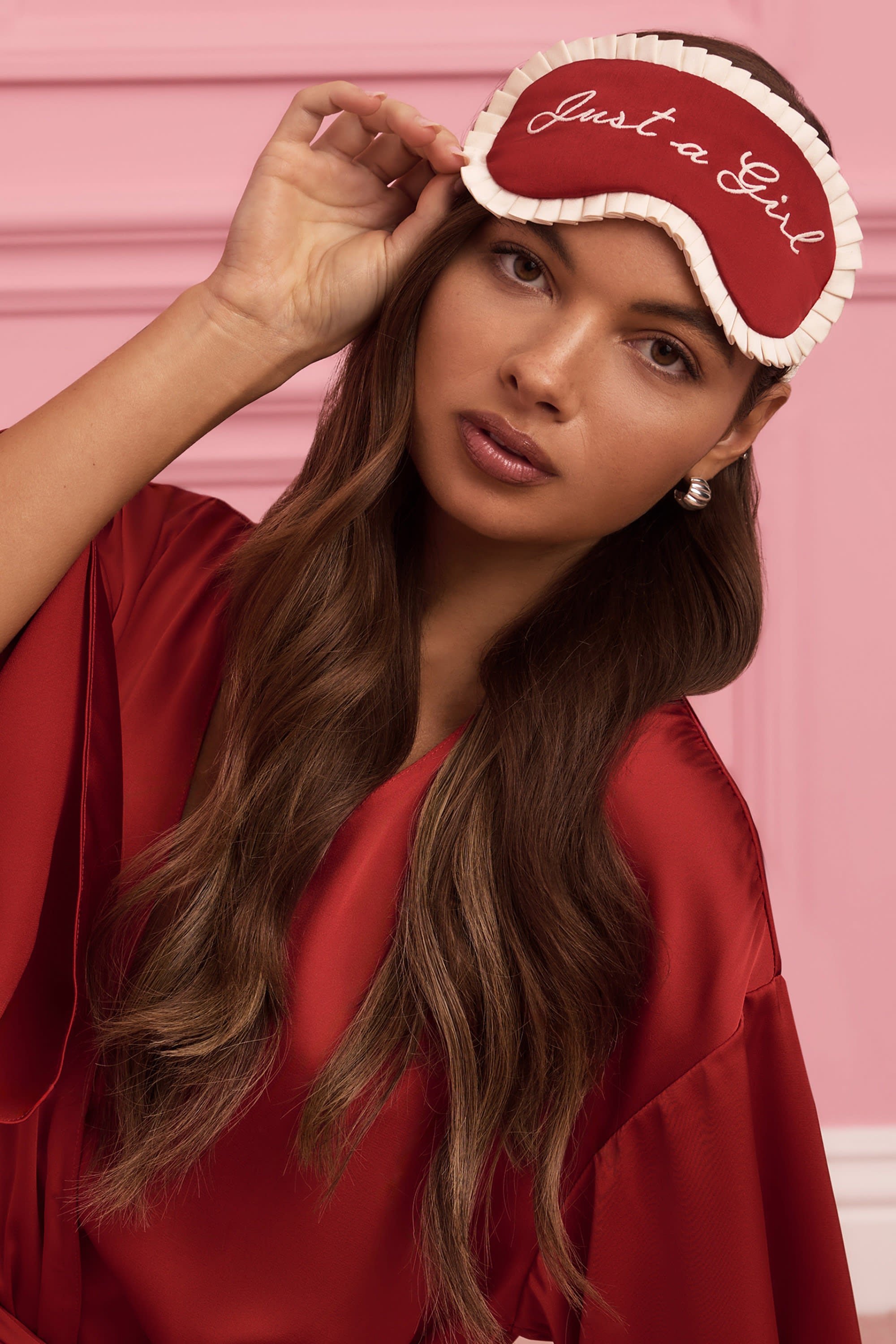 Ruya Ruffle-Trim Embroidered Eye Mask in Ruby Red