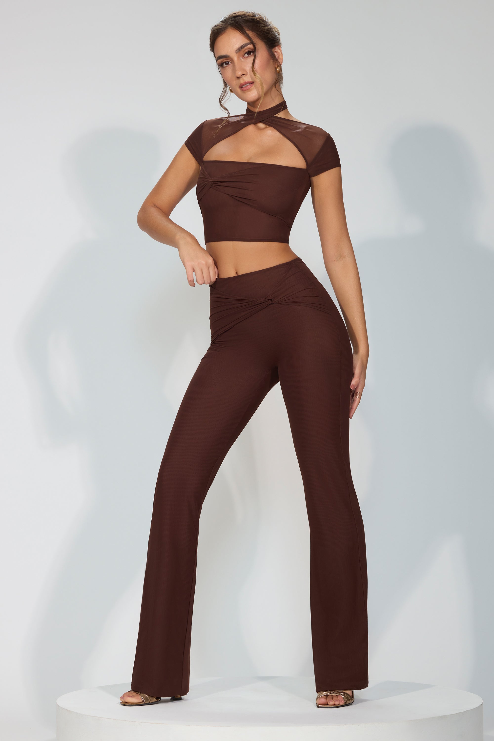 Ridley Mesh Mid Rise Twist Overlay Flare Trousers in Espresso