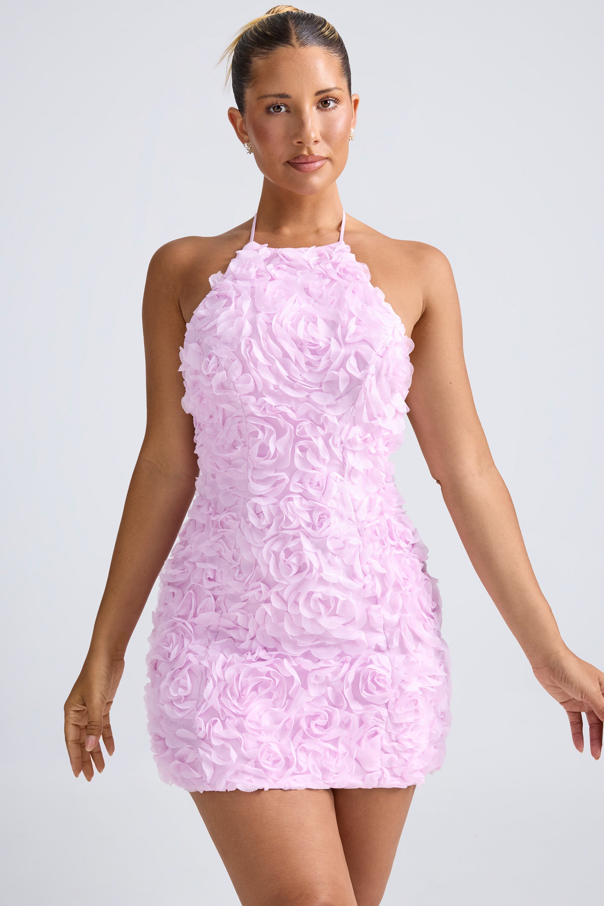 Bryony Floral-Appliqu?? Halterneck A-Line Mini Dress in Lilac