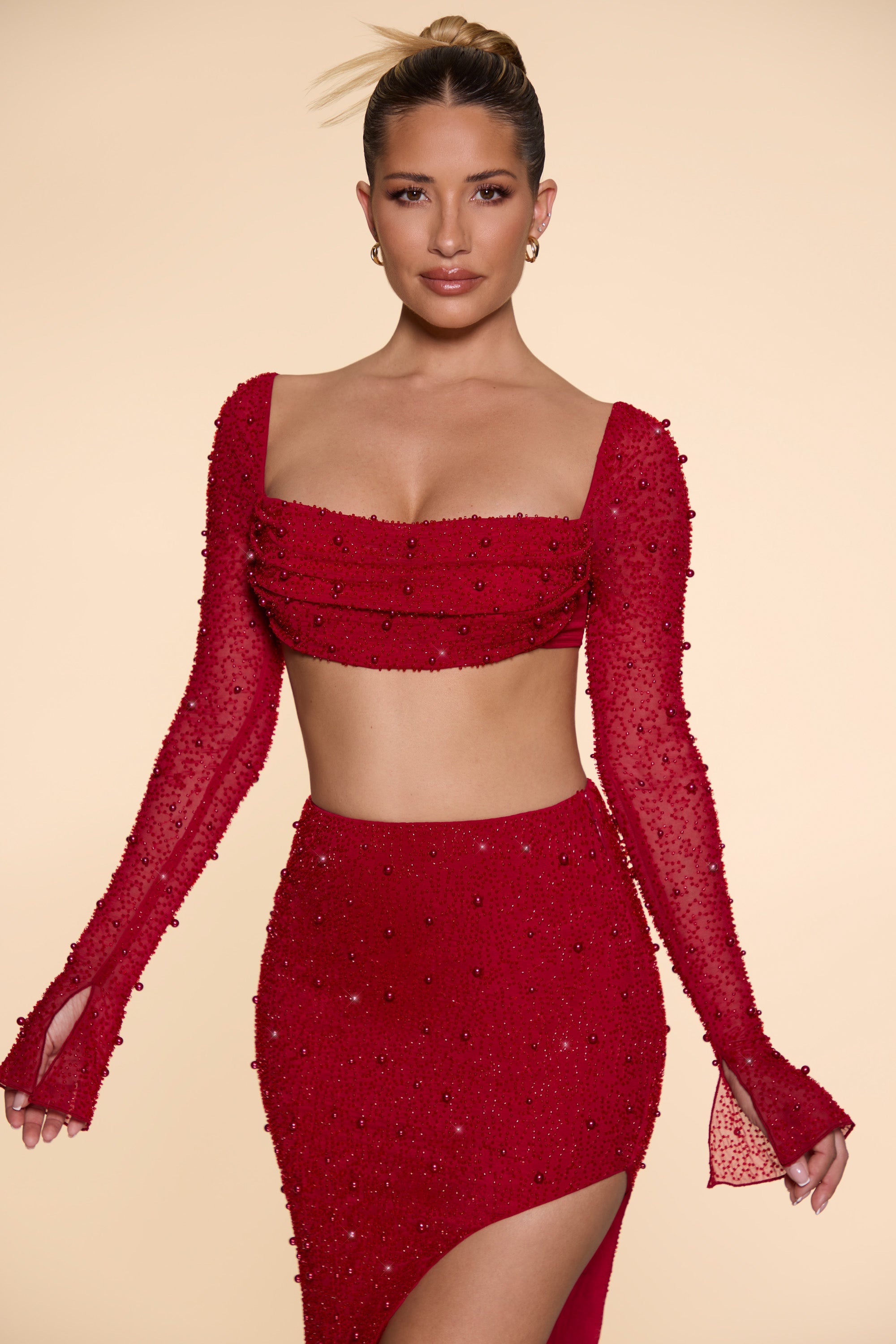 La Desirade Embellished Cowl Neck Crop Top in Red