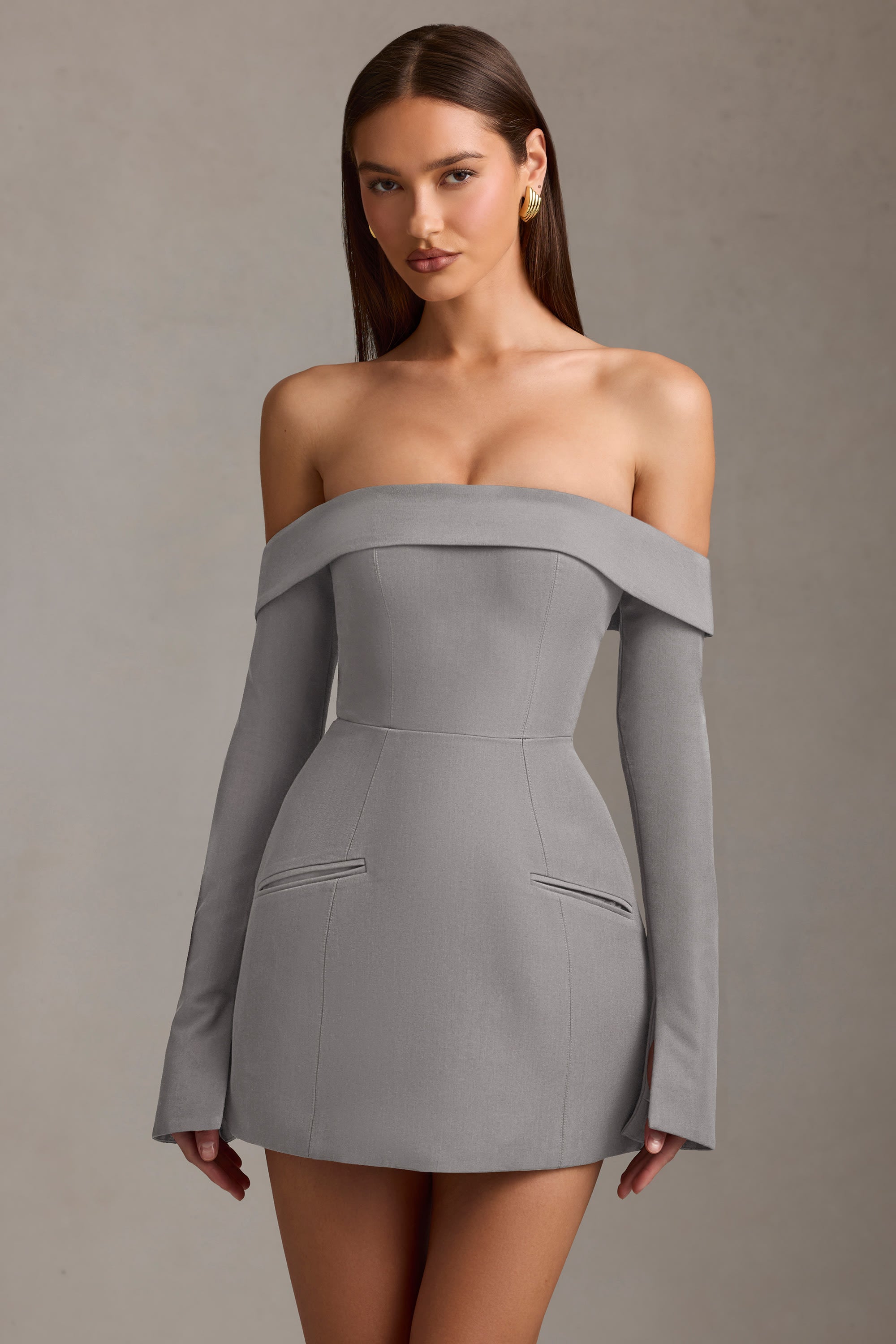 Seraphina Off-Shoulder Structured A-Line Mini Dress in Grey