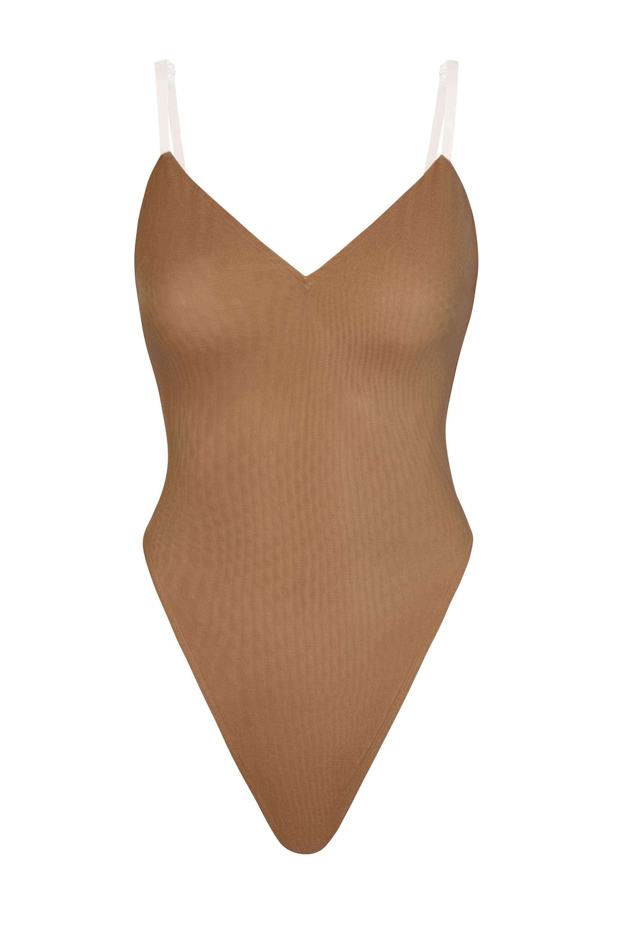 Intimates Soft Mesh V-Neck Bodysuit in Almond