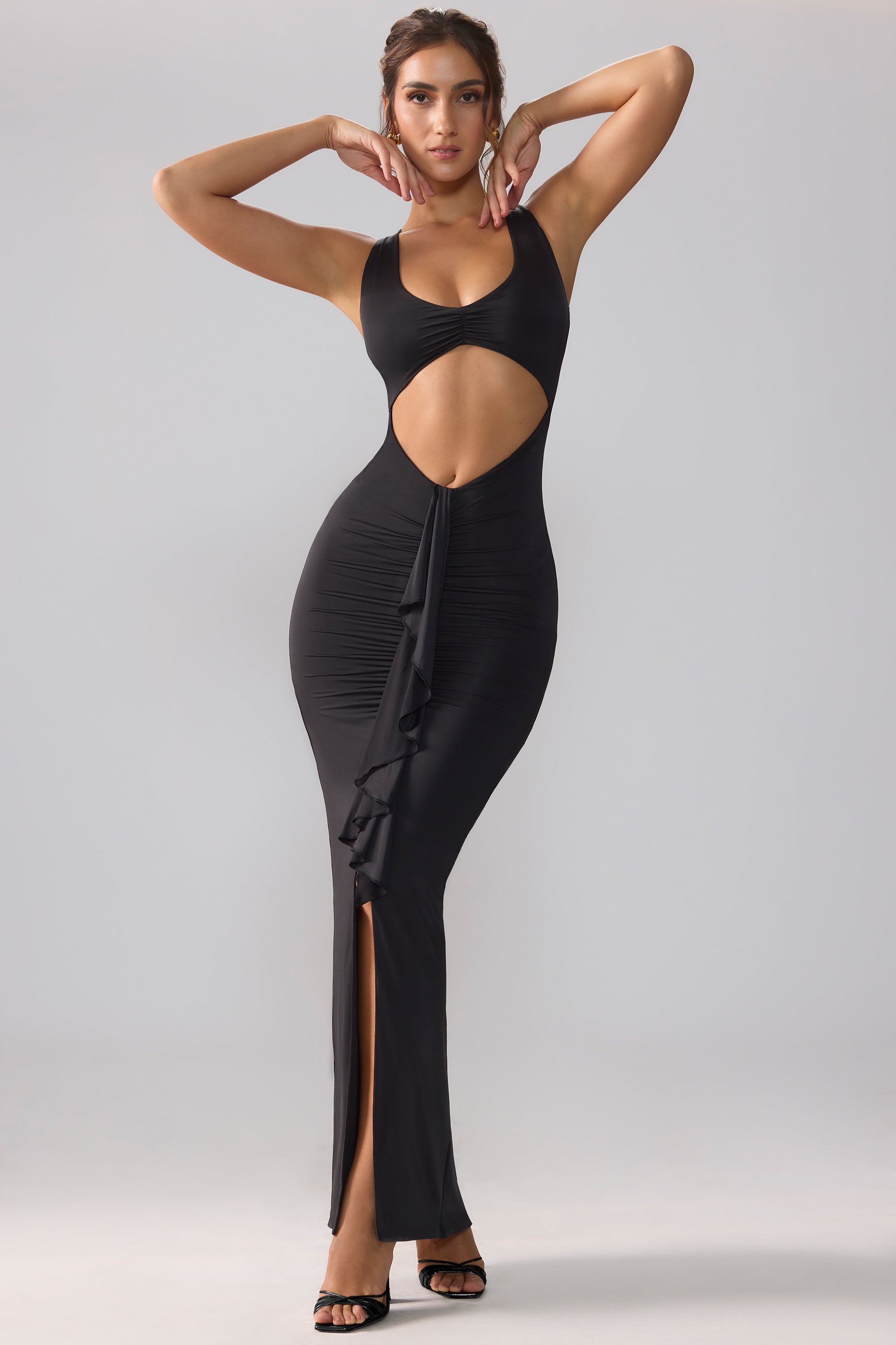 Calluna Slinky Jersey Cut Out Ruffle Racerback Maxi Dress in Black