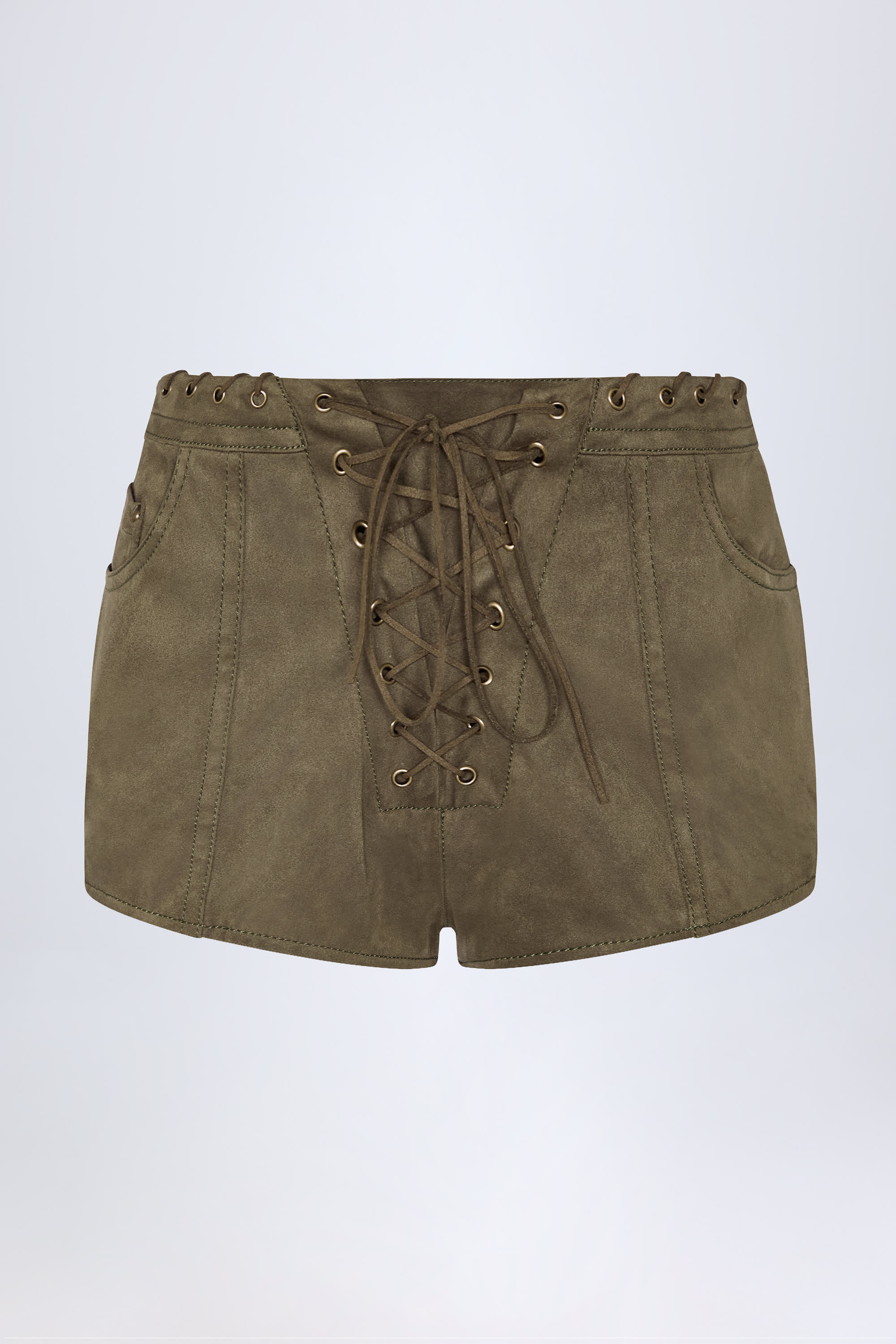 Parva Lace-Up Mid-Rise Shorts in Dark Khaki