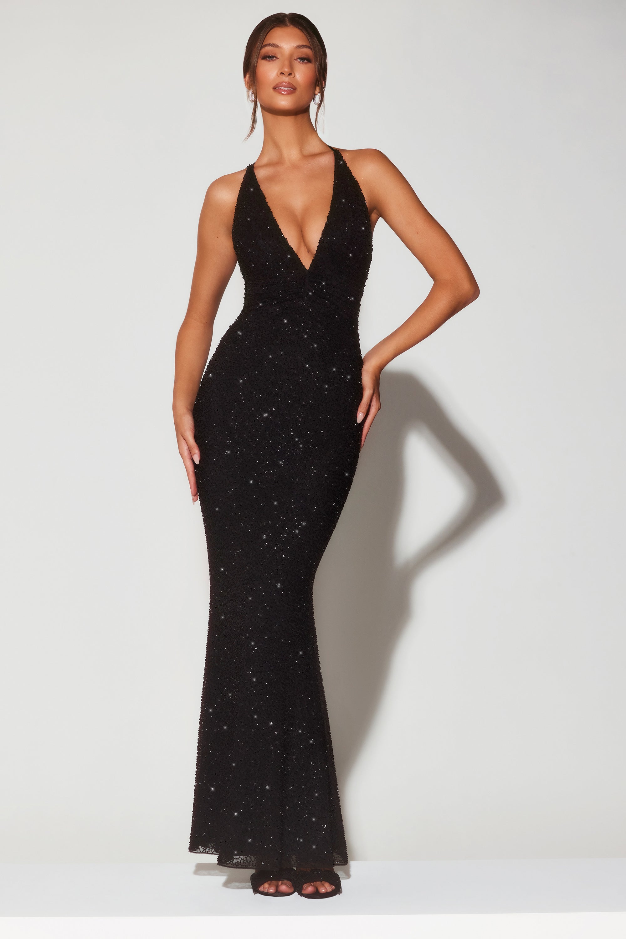 Verona Embellished Plunge Neck Halter Neck Evening Gown in Black