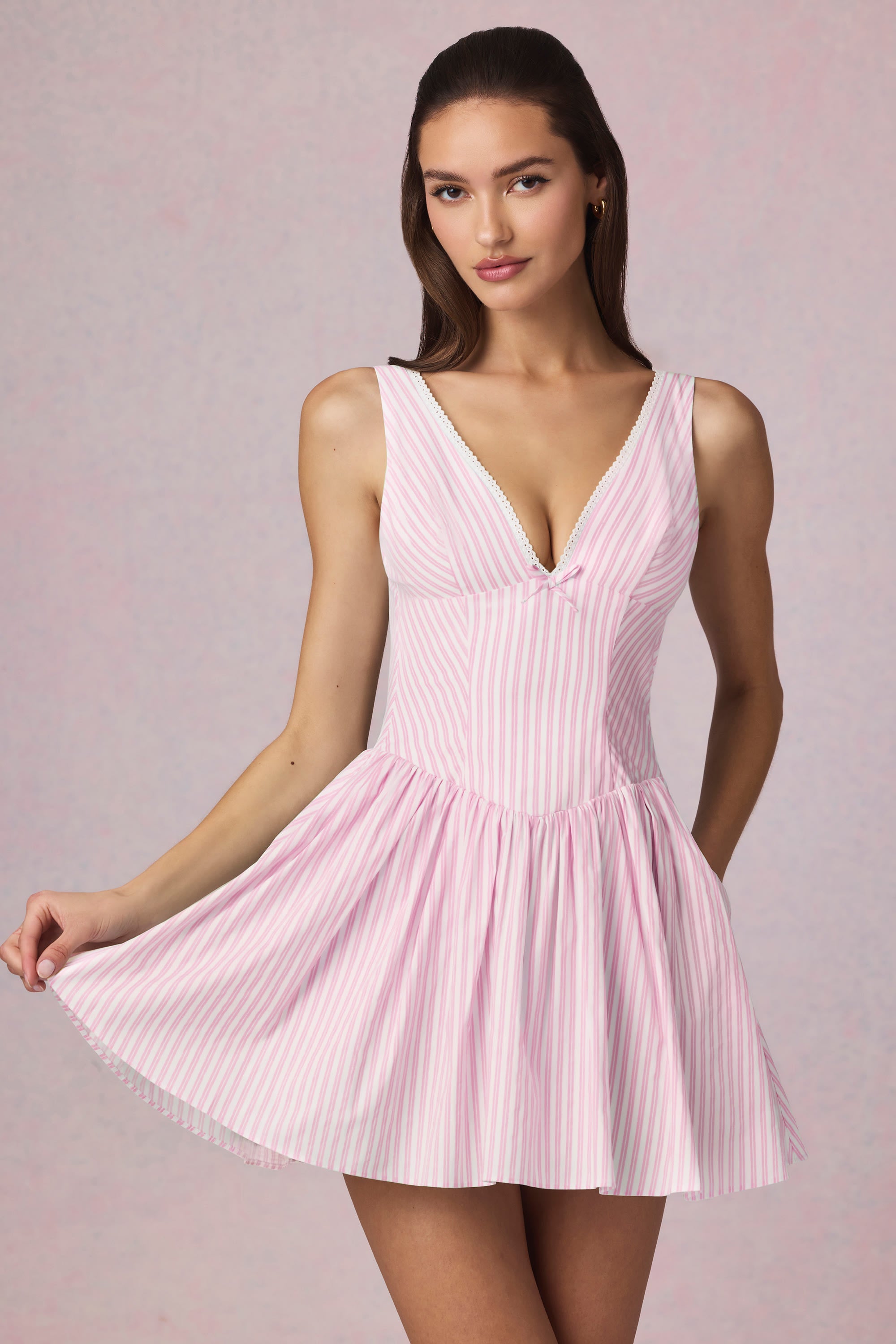 Marissa Bow-Detail A-Line Mini Dress in Soft Mauve Stripe