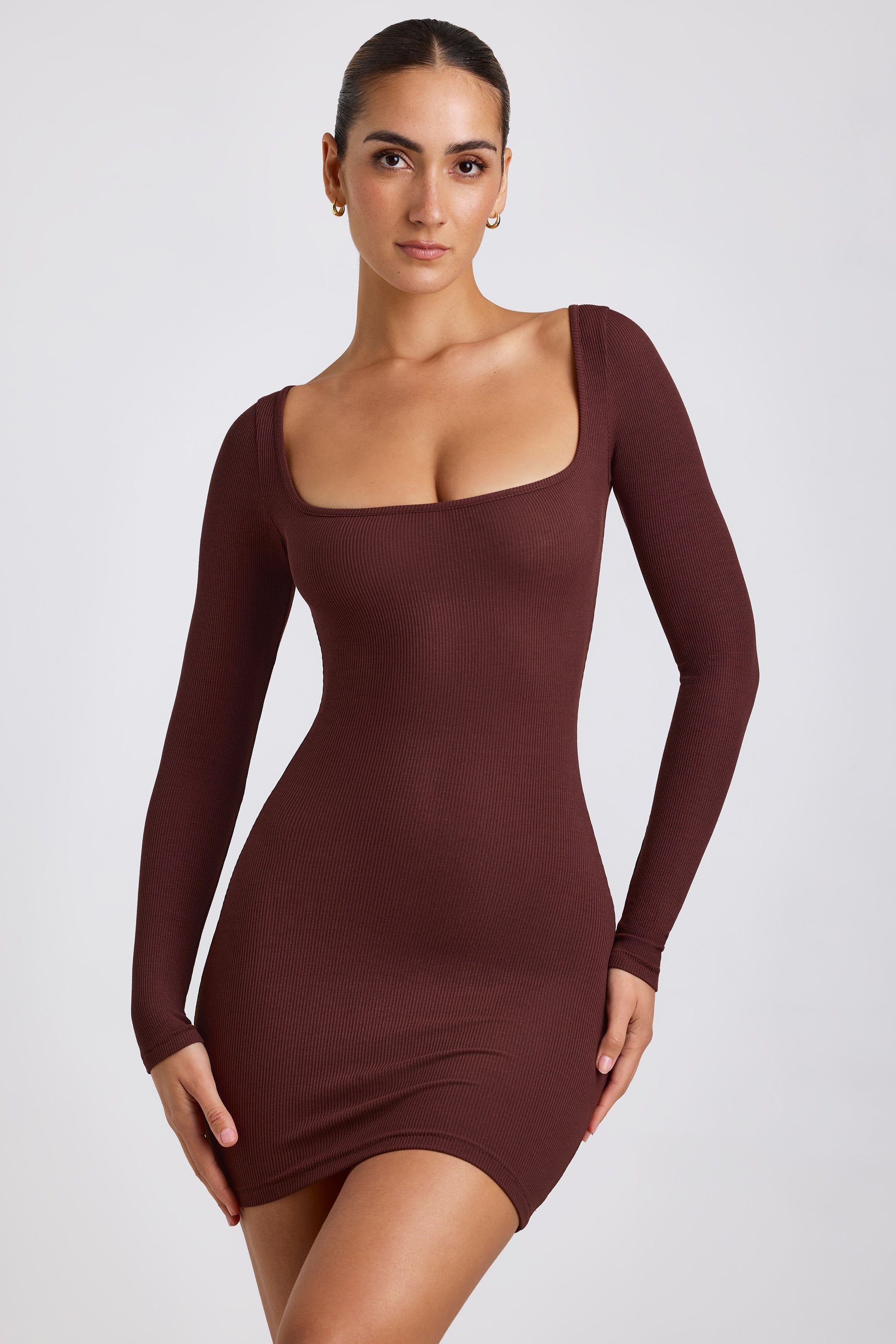 Sherine Ribbed Modal Square Neck Long Sleeve Mini Dress in Chocolate