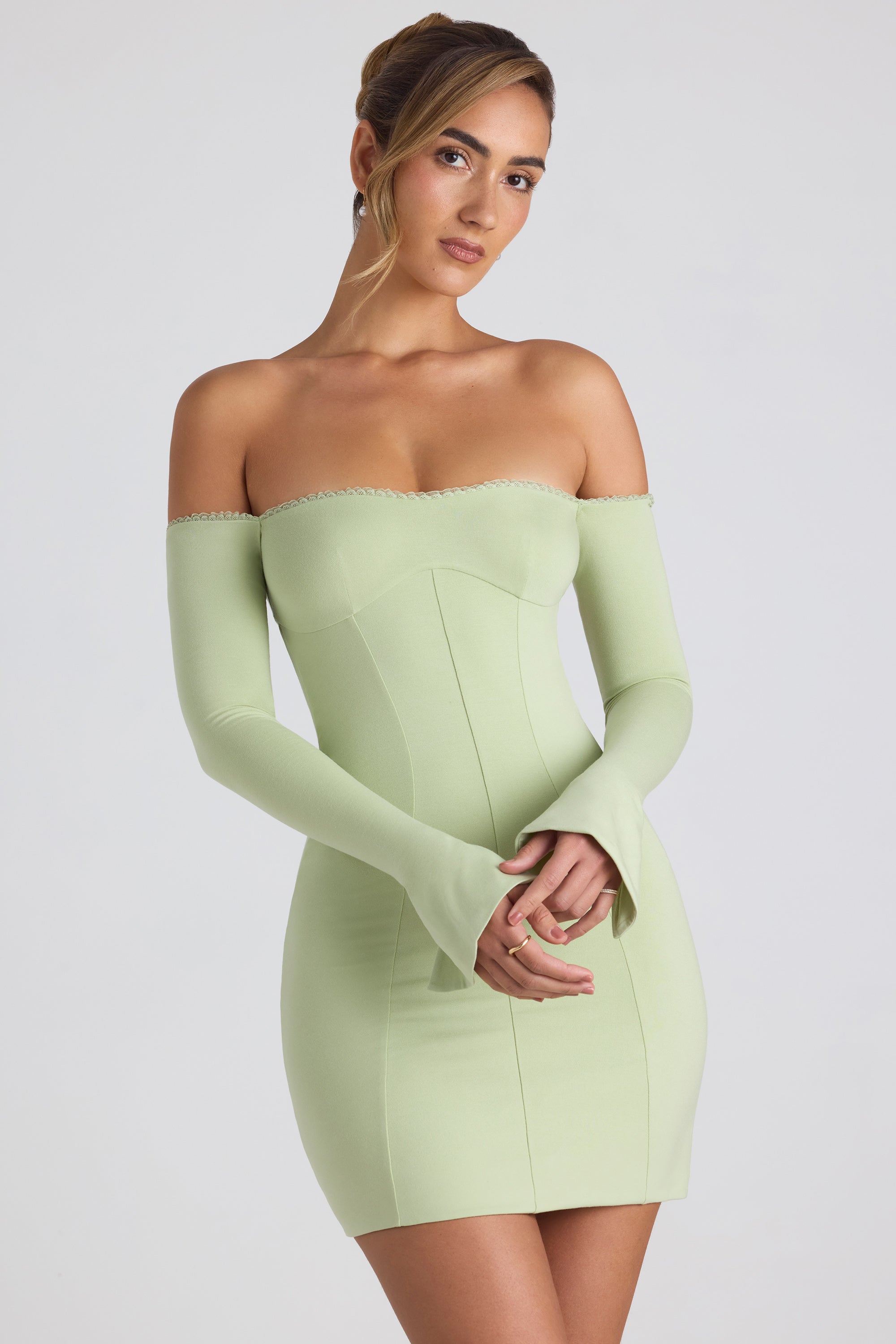 Suki Modal Off-Shoulder Lace-Trim Mini Dress in Spring Green