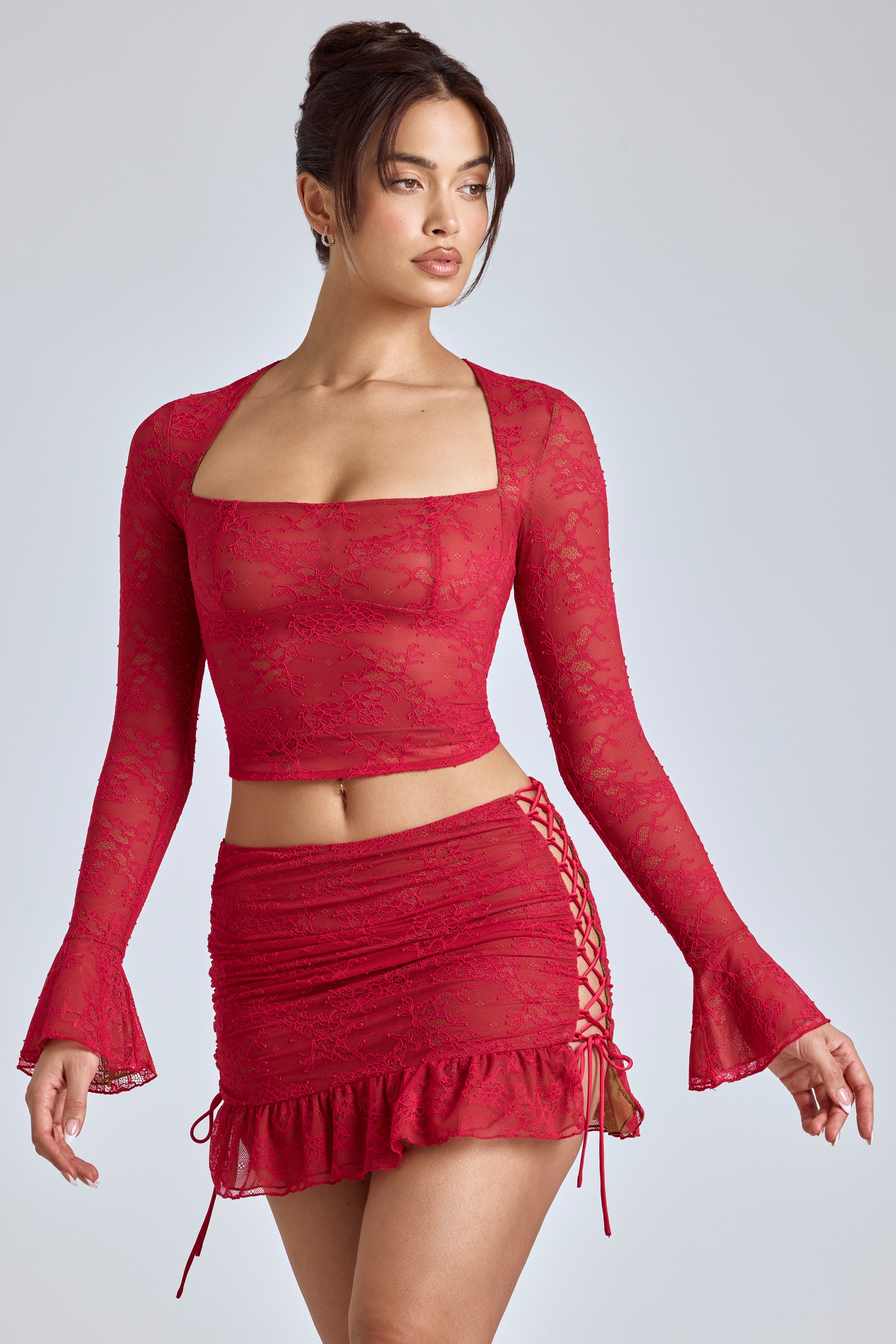 Revna Lace Ruffle Mini Skirt in Cherry Red