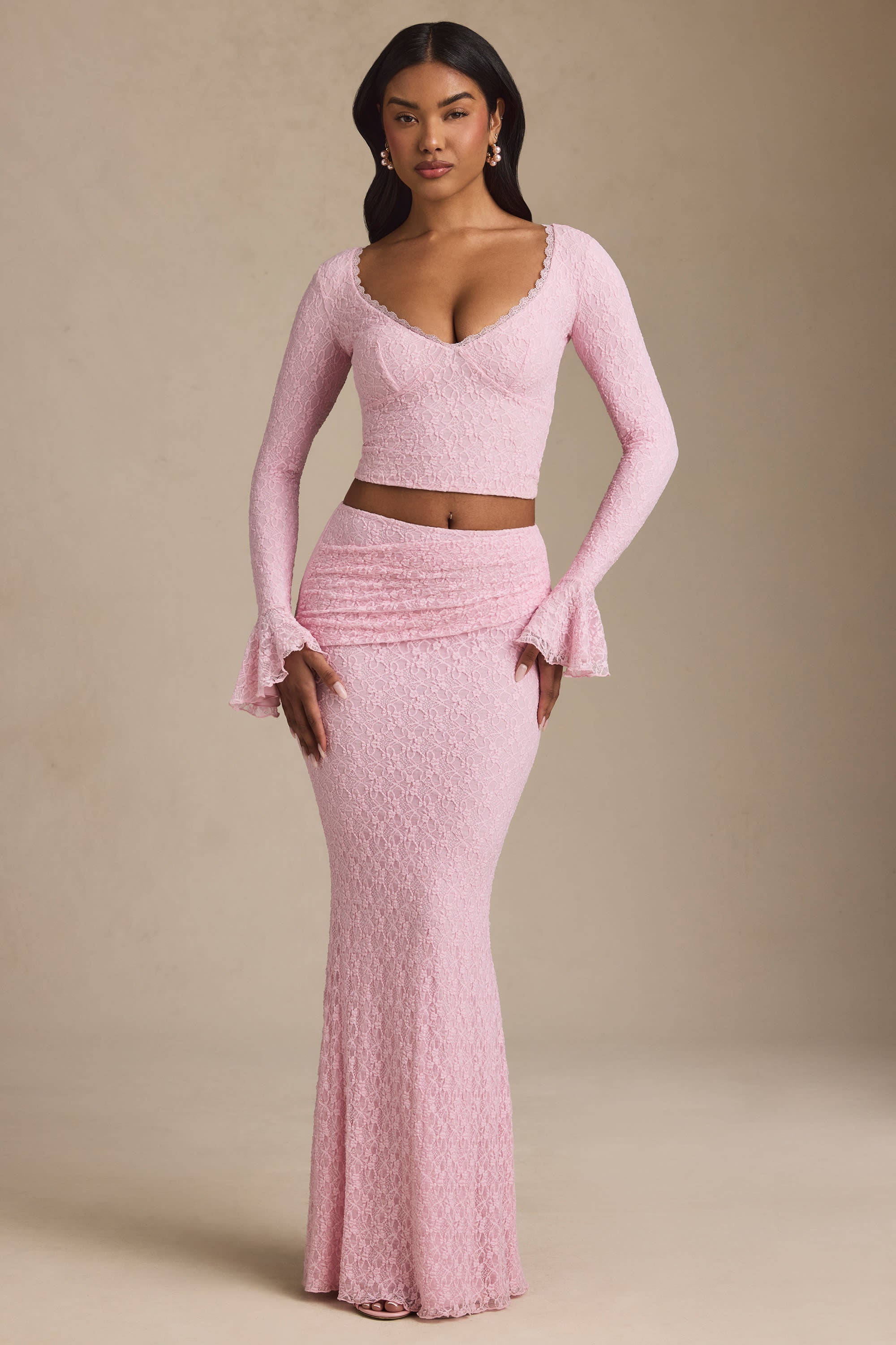 Vanda Draped Low-Rise Lace Maxi Skirt in Soft Pink
