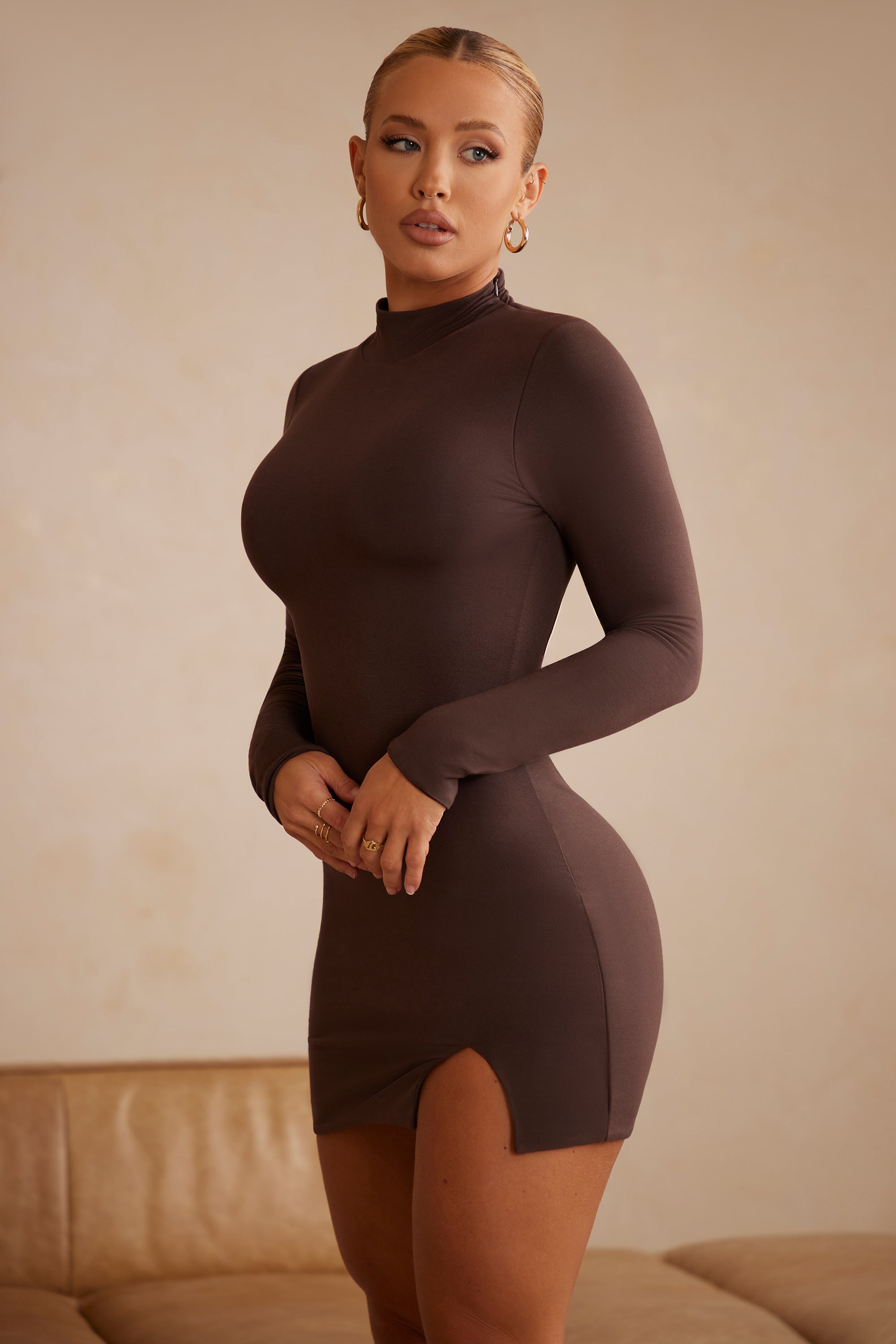 Bindi High Neck Long Sleeve Mini Dress in Chocolate
