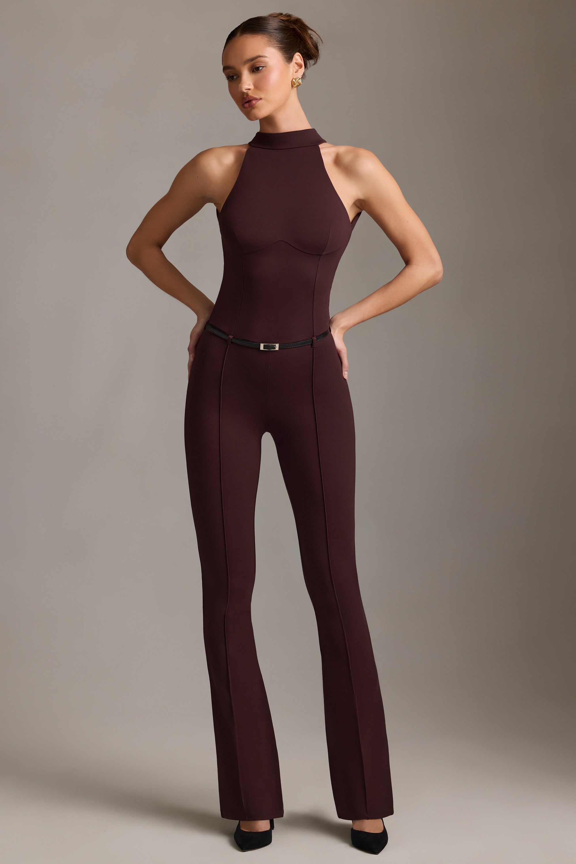 Zaraida Backless Turtleneck Jumpsuit in Chocolate Brown
