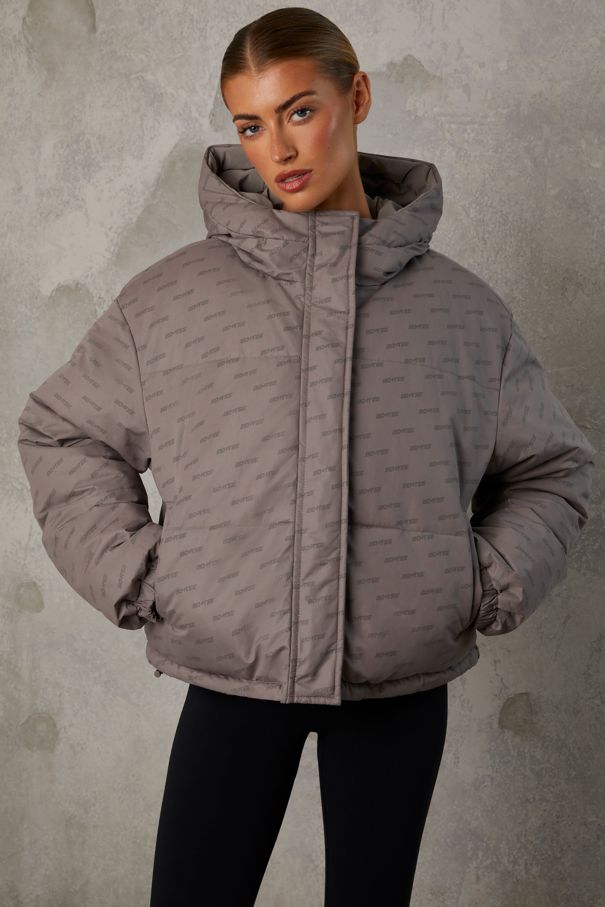 Layer Up Reversible Hooded Puffer Jacket in Warm Grey