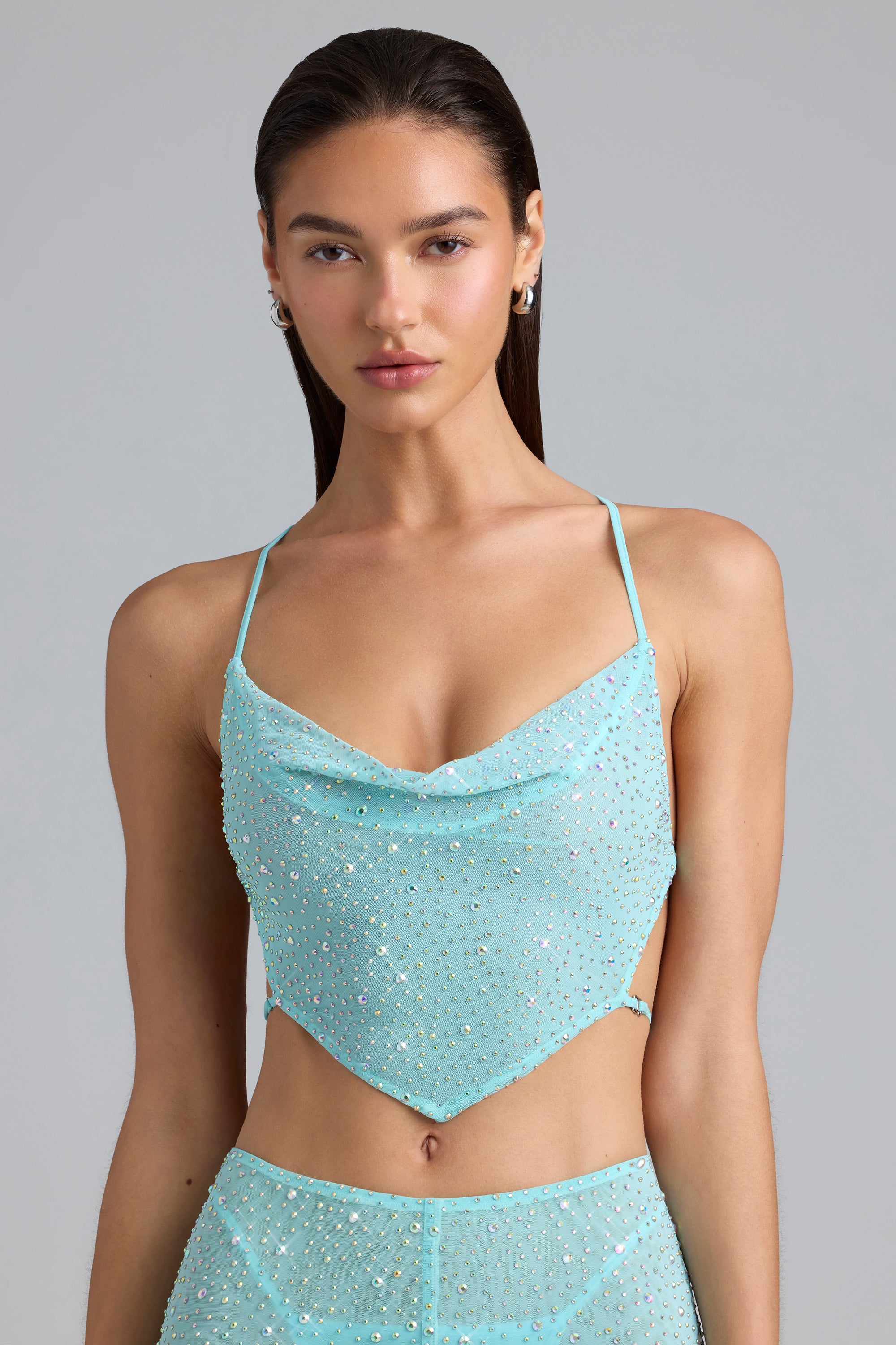 Skye Embellished Cowl-Neck Crop Top in Ice Blue