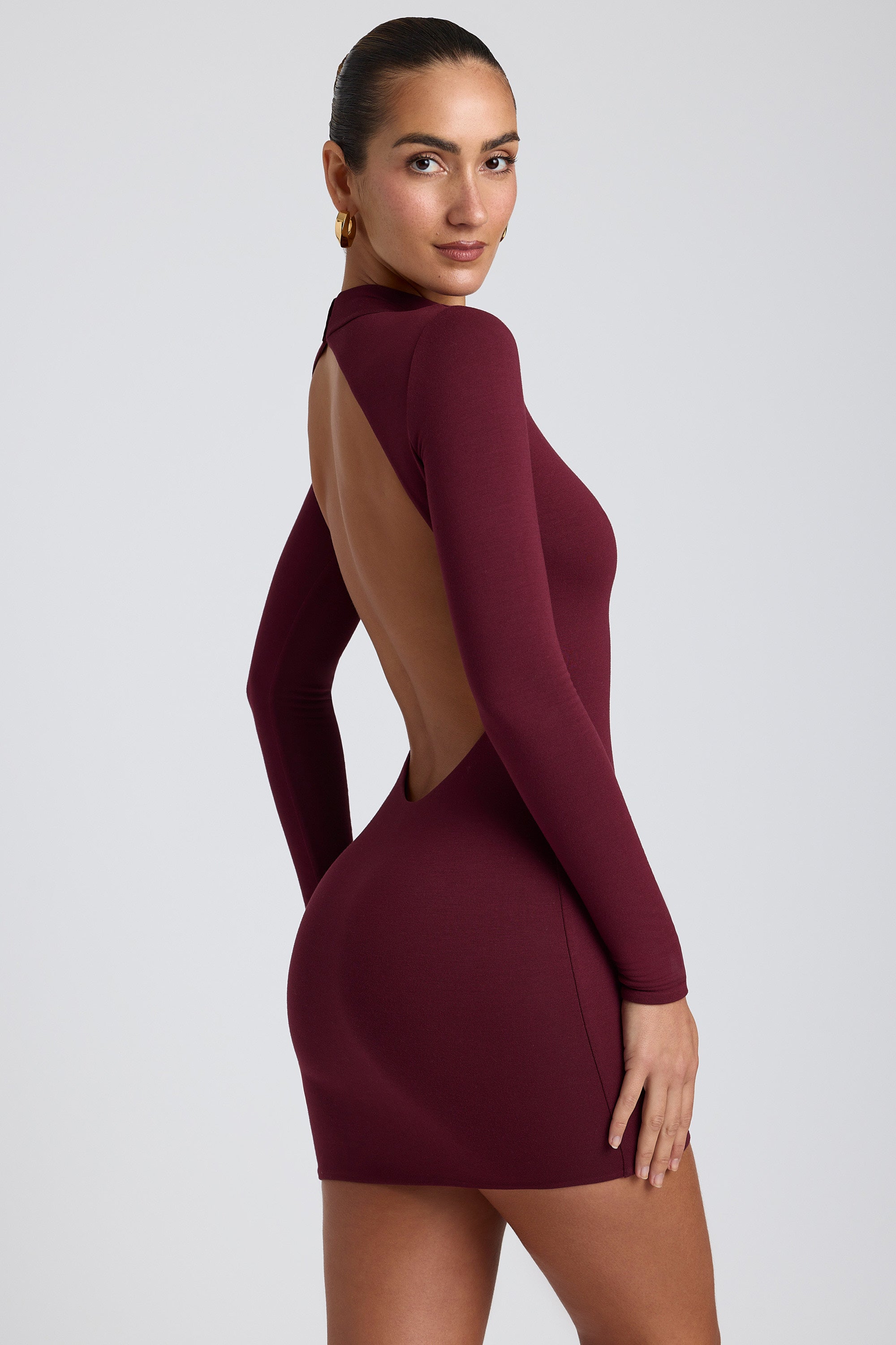 Yara Open-Back Long-Sleeve Mini Dress in Plum