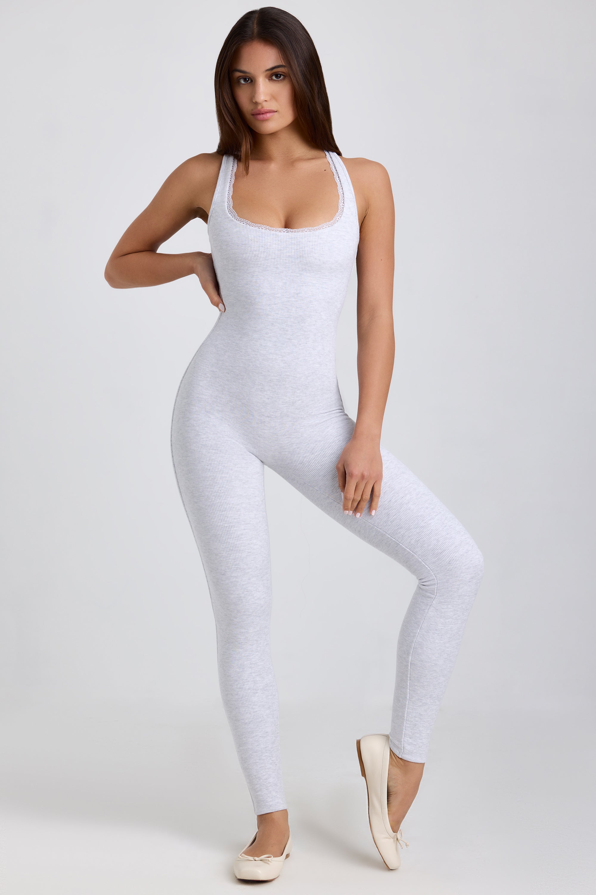 Ulla Tall Ribbed Modal Lace-Trim Jumpsuit in Grey