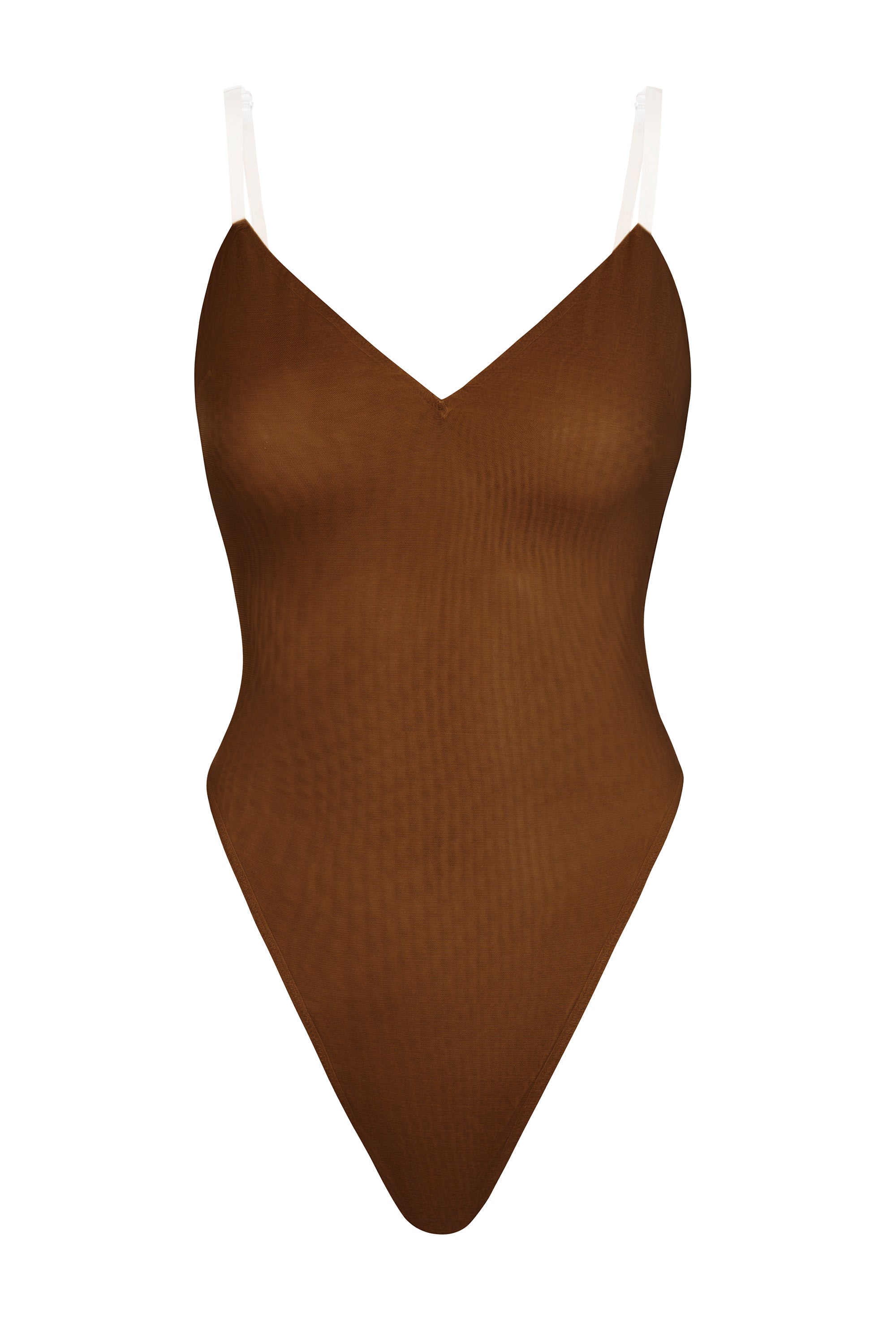 Intimates Soft Mesh V-Neck Bodysuit in Chestnut