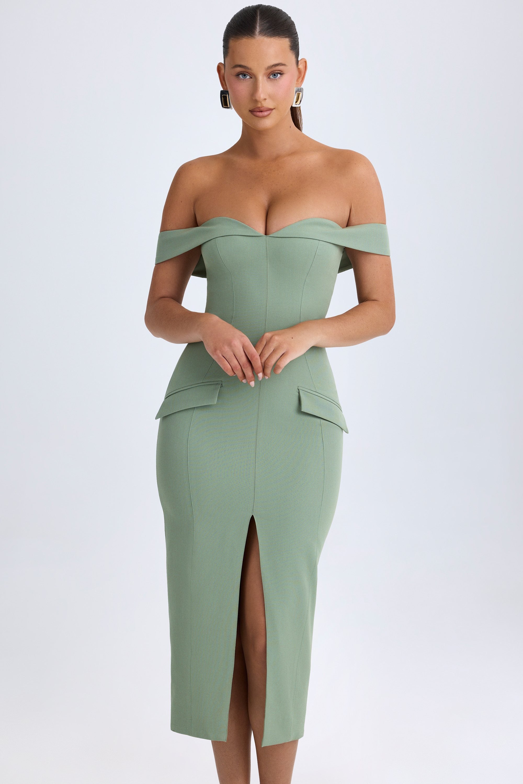 Rasine Off-Shoulder Midaxi Dress in Khaki Green