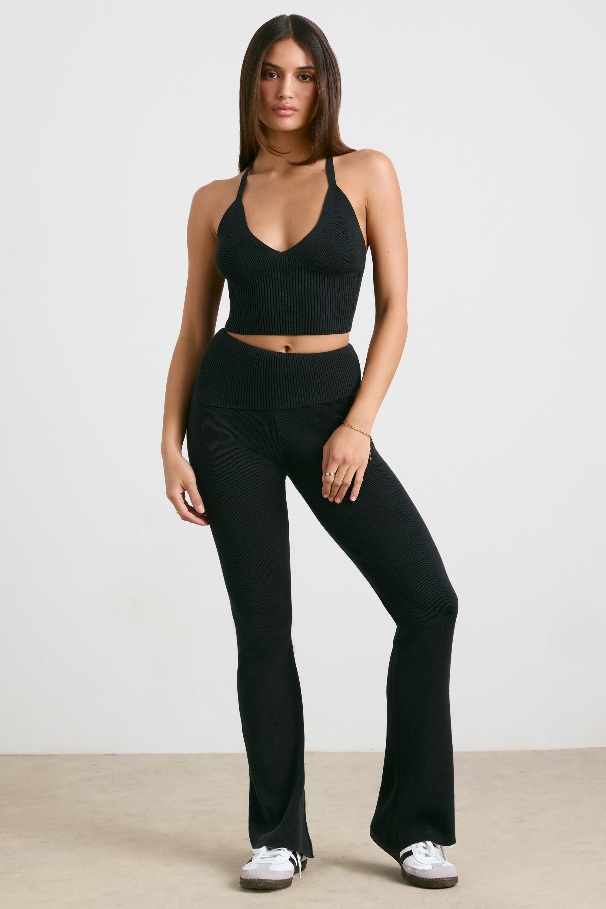 Muse Chunky Knit Kick Flare Trousers in Black