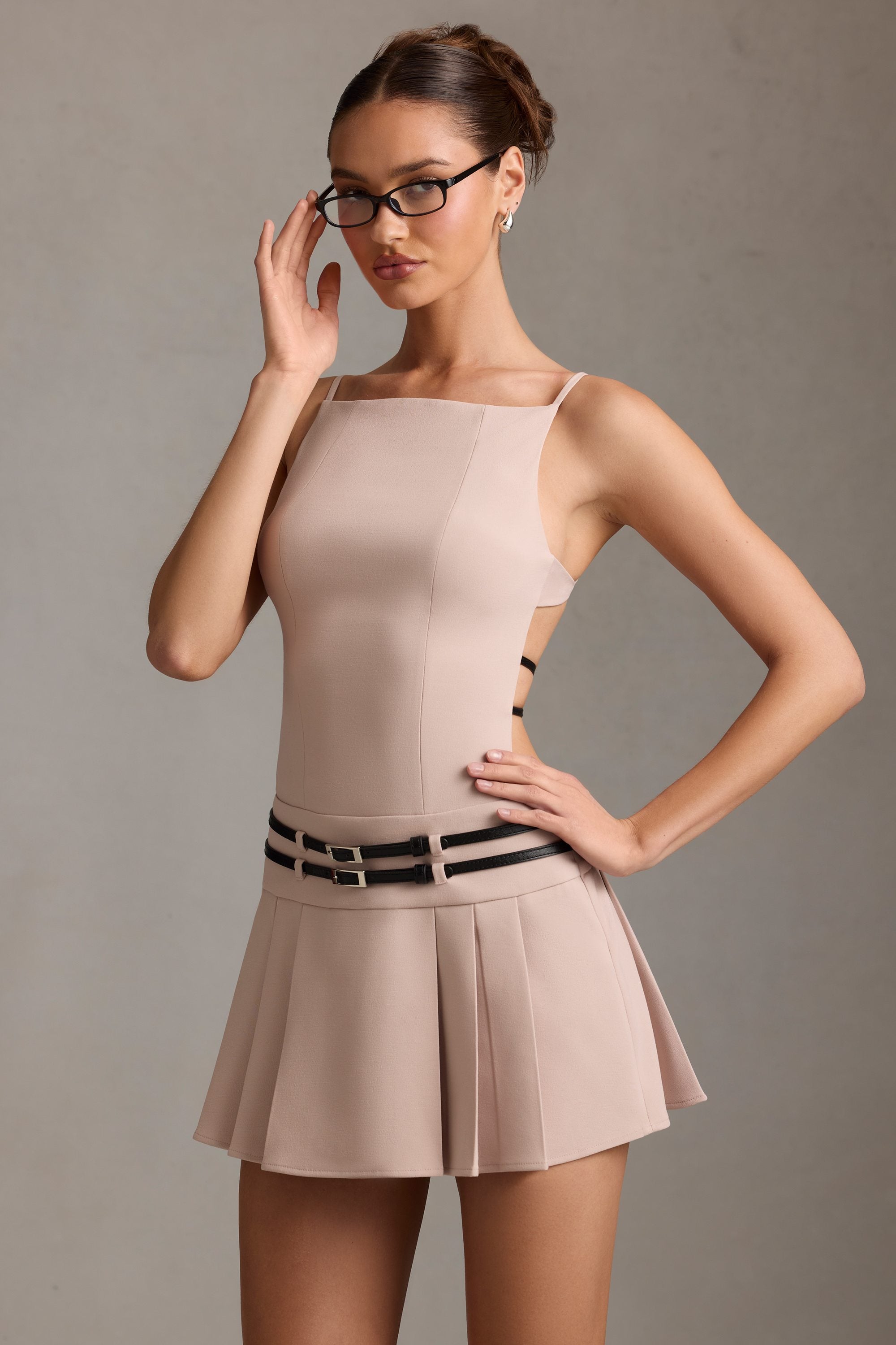 Leilani Belted Backless Pleated Mini Dress in Mushroom