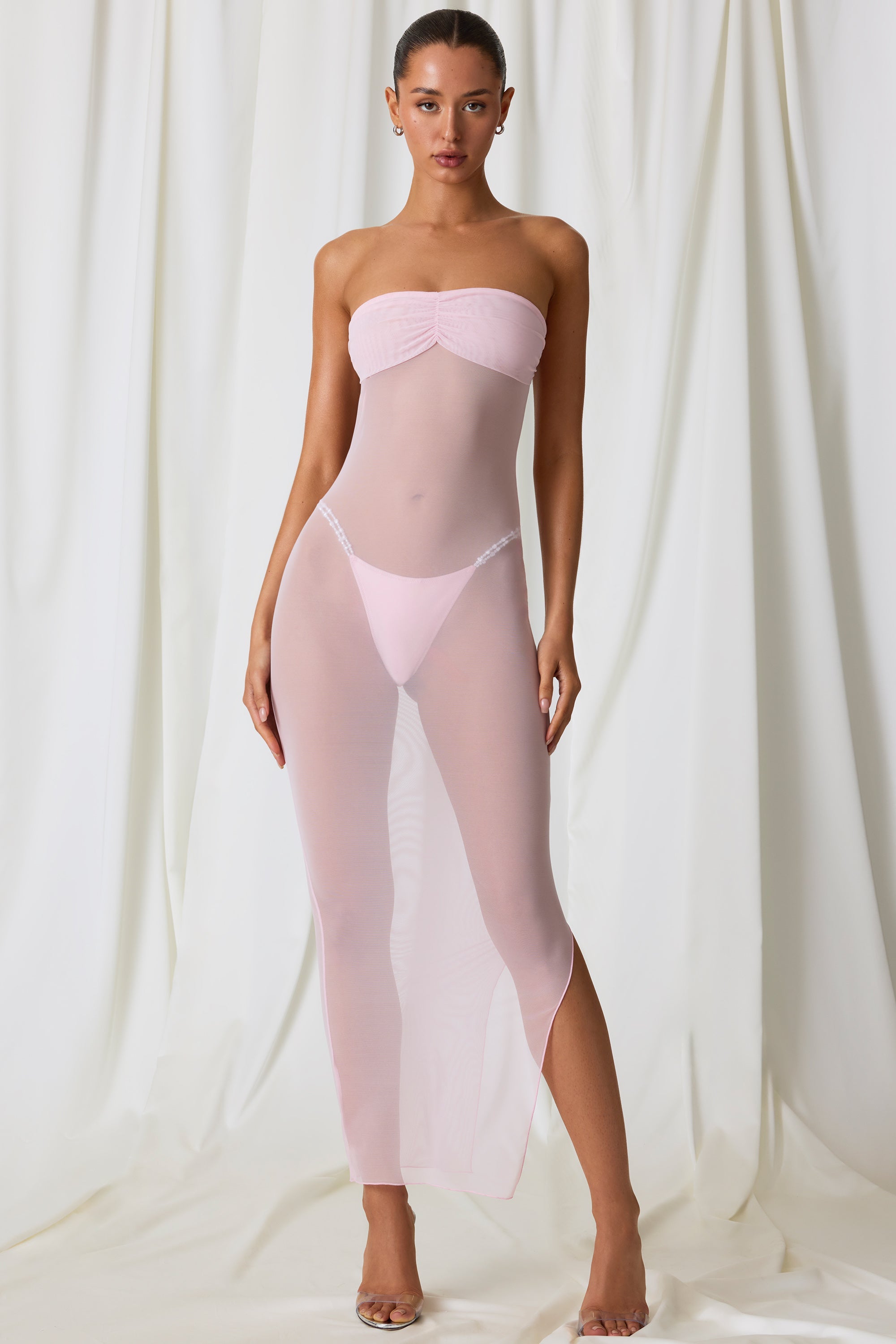 Papeete Ruched Bandeau Midi Dress in Soft Pink