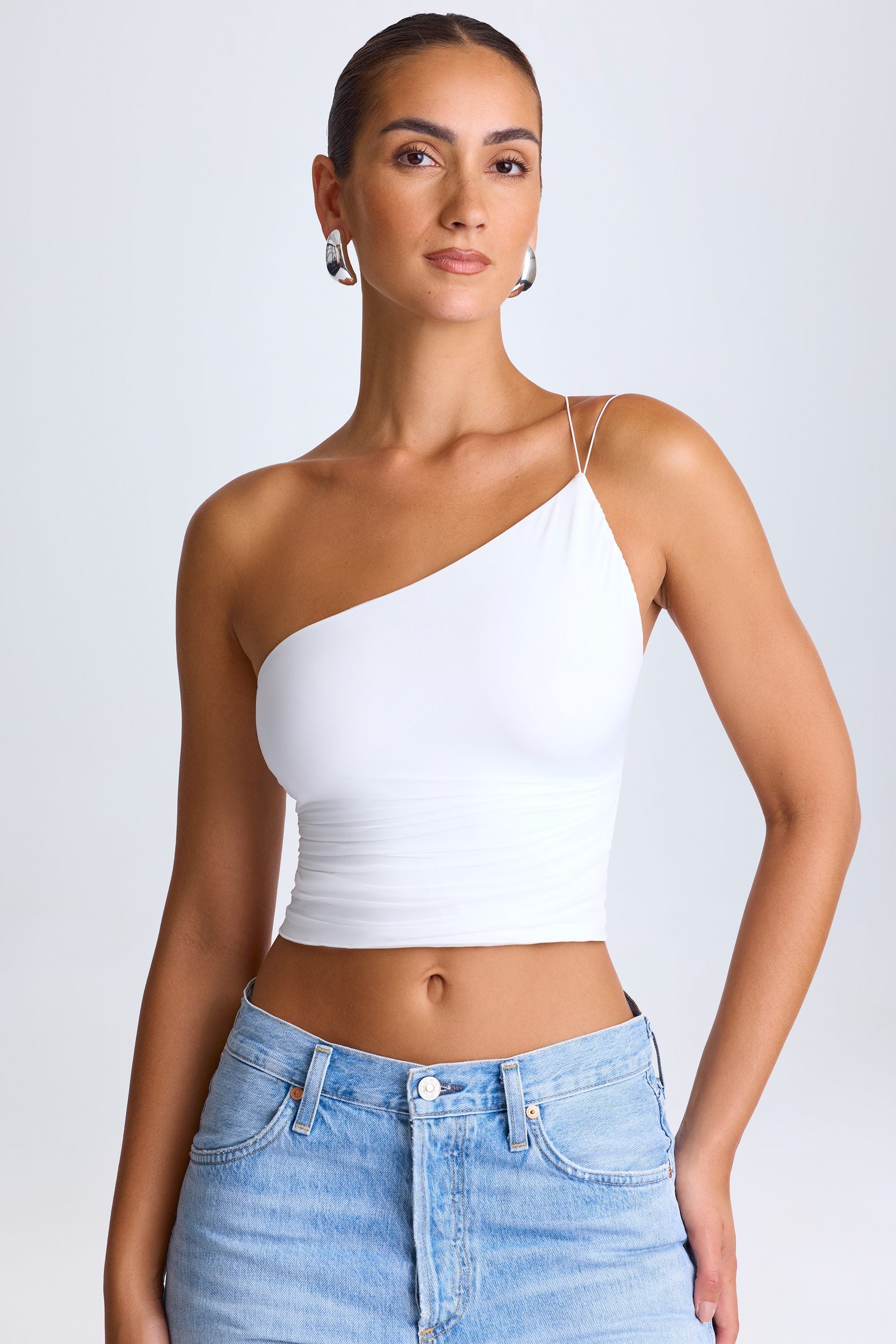 Roseau One-Shoulder Lace-Up Top in White