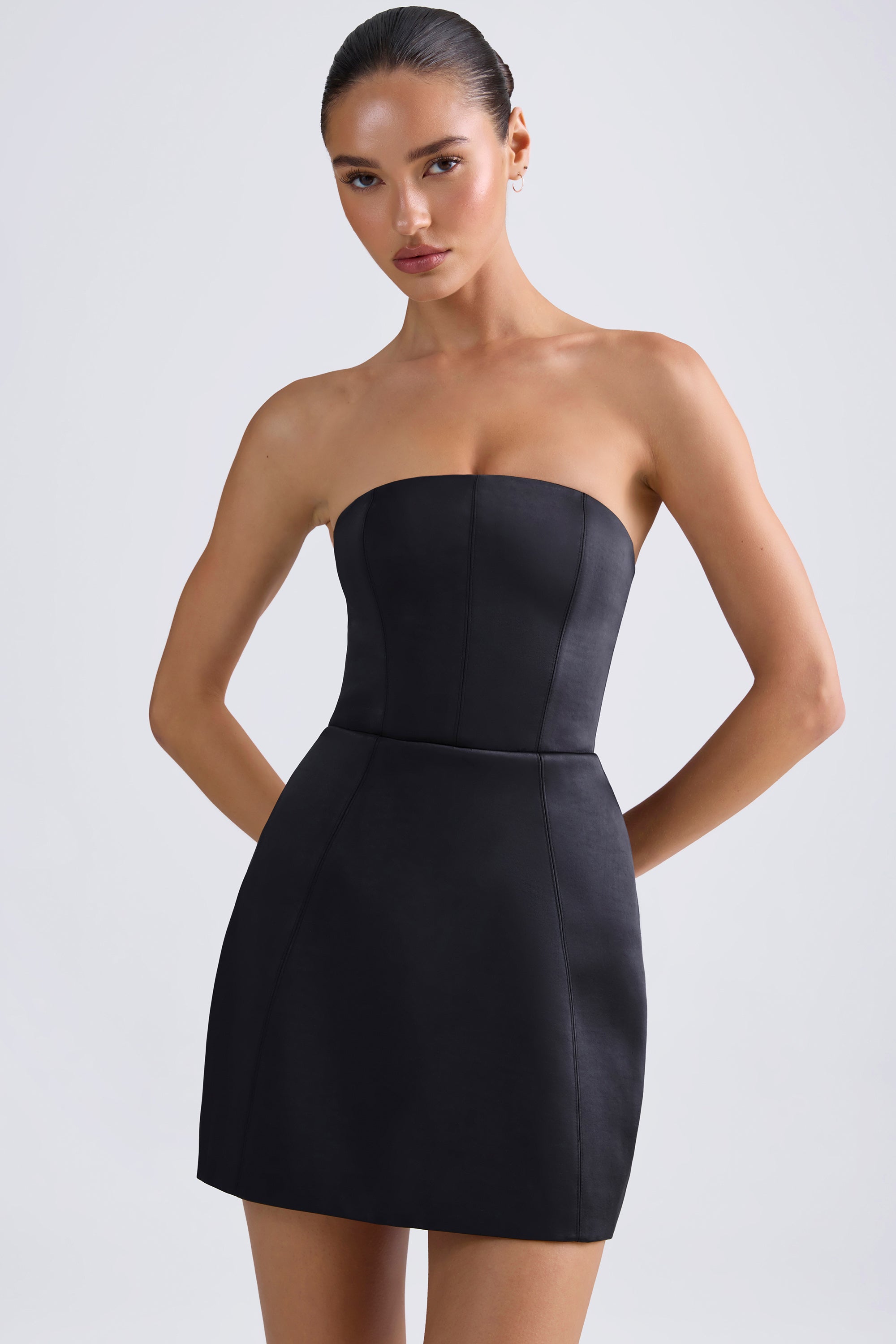 Haisley Bandeau Structured Tulip Mini Dress in Black