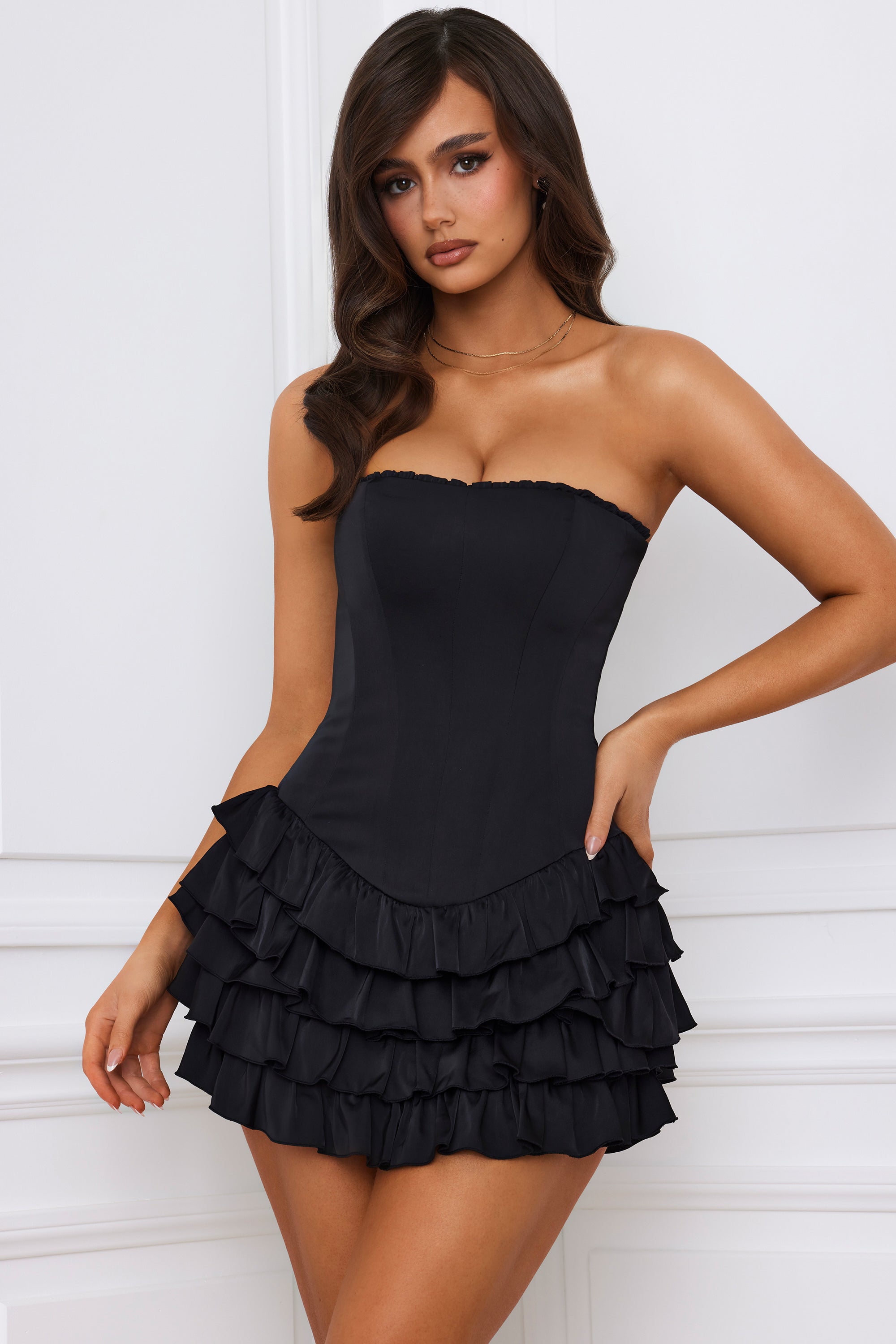 Juliet Bandeau Ruffled Tiered Corset Mini Dress in Black