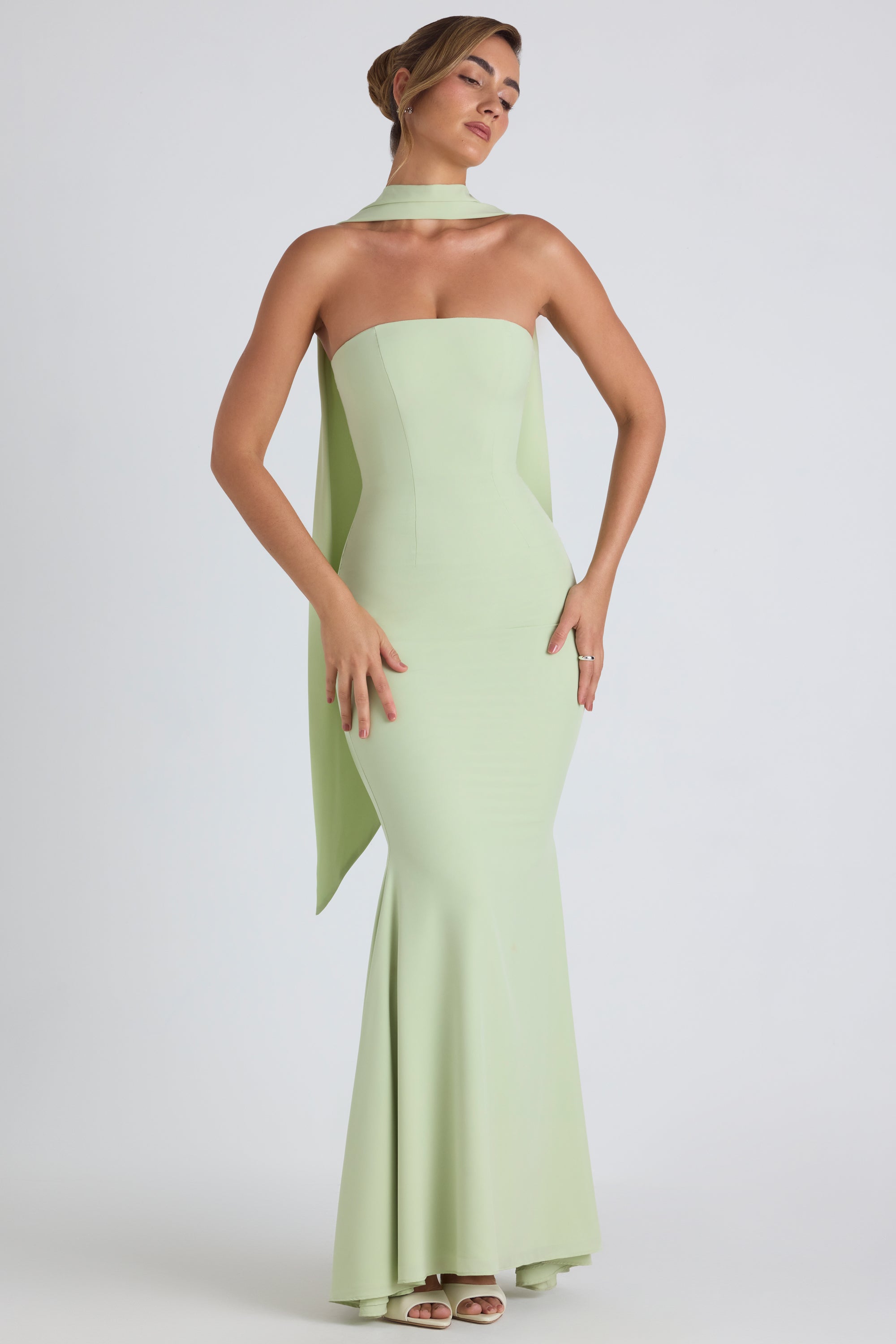Imogene Scarf-Detail Strapless Gown in Spring Green