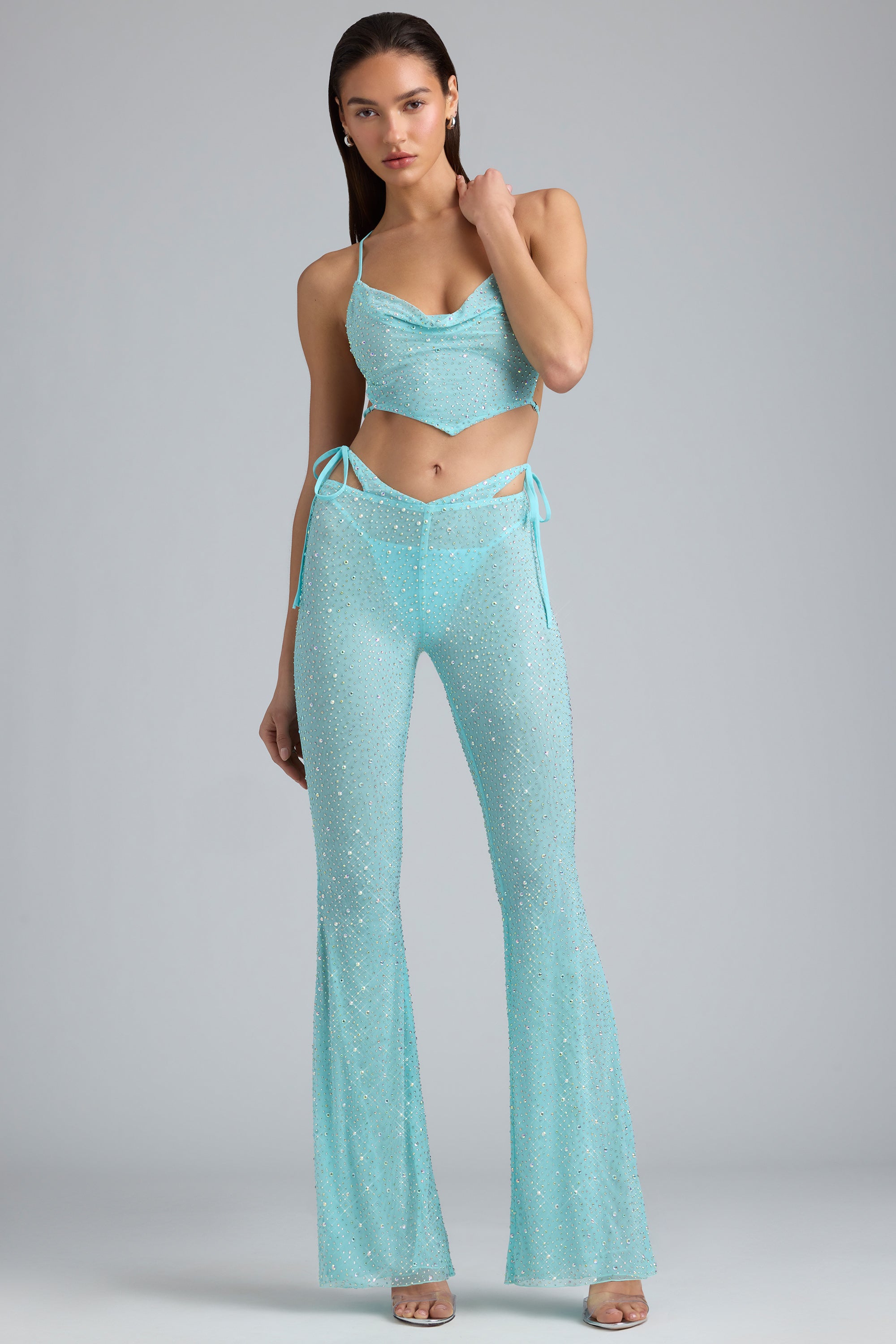 Ruby Embellished Cut-Out Flared Trousers in Ice Blue