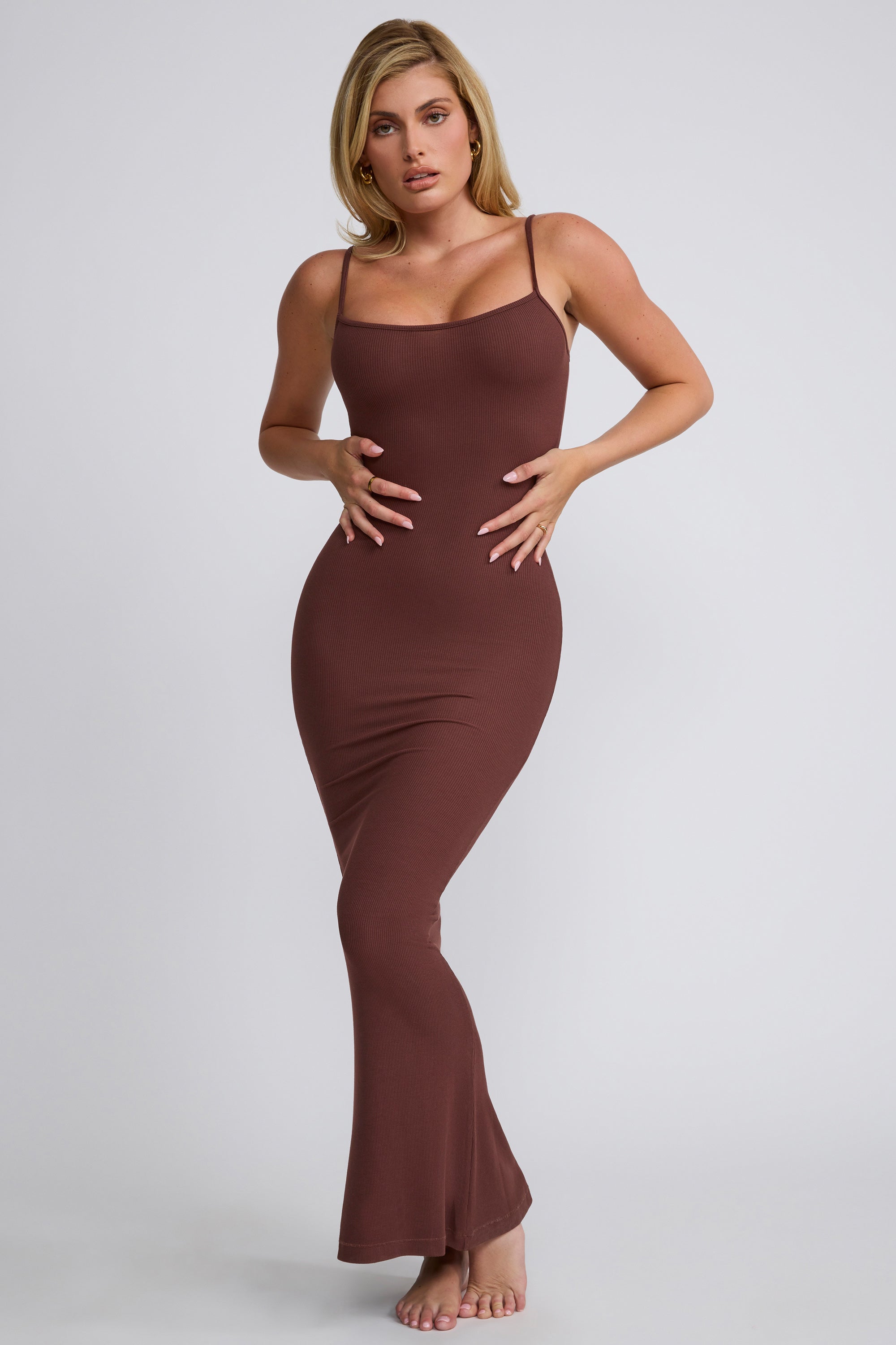 Salma Ribbed Modal Square Neck Maxi Dress in Chocolate