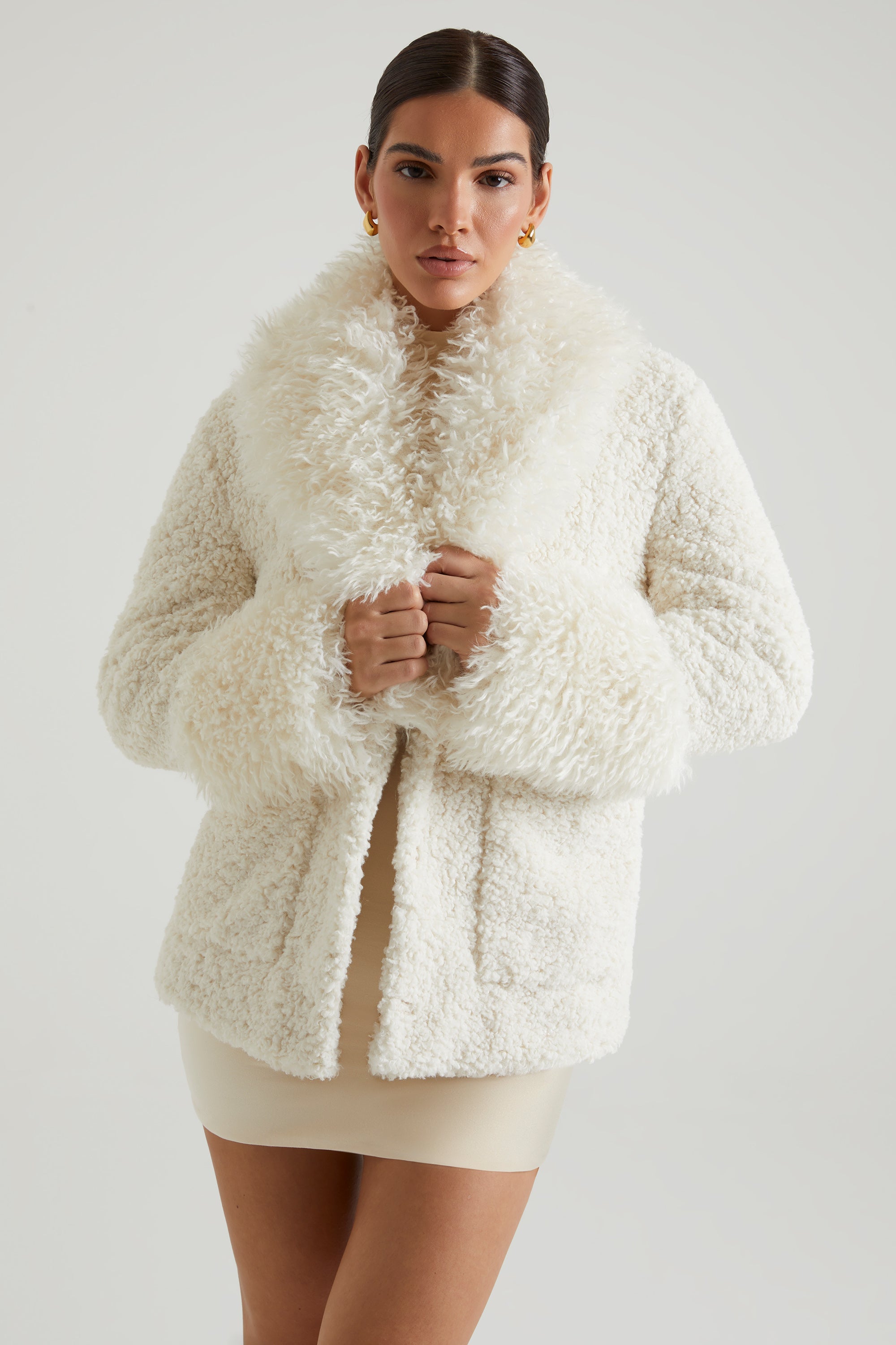 Wynter Shearling Coat with Large Front Pockets in Cream